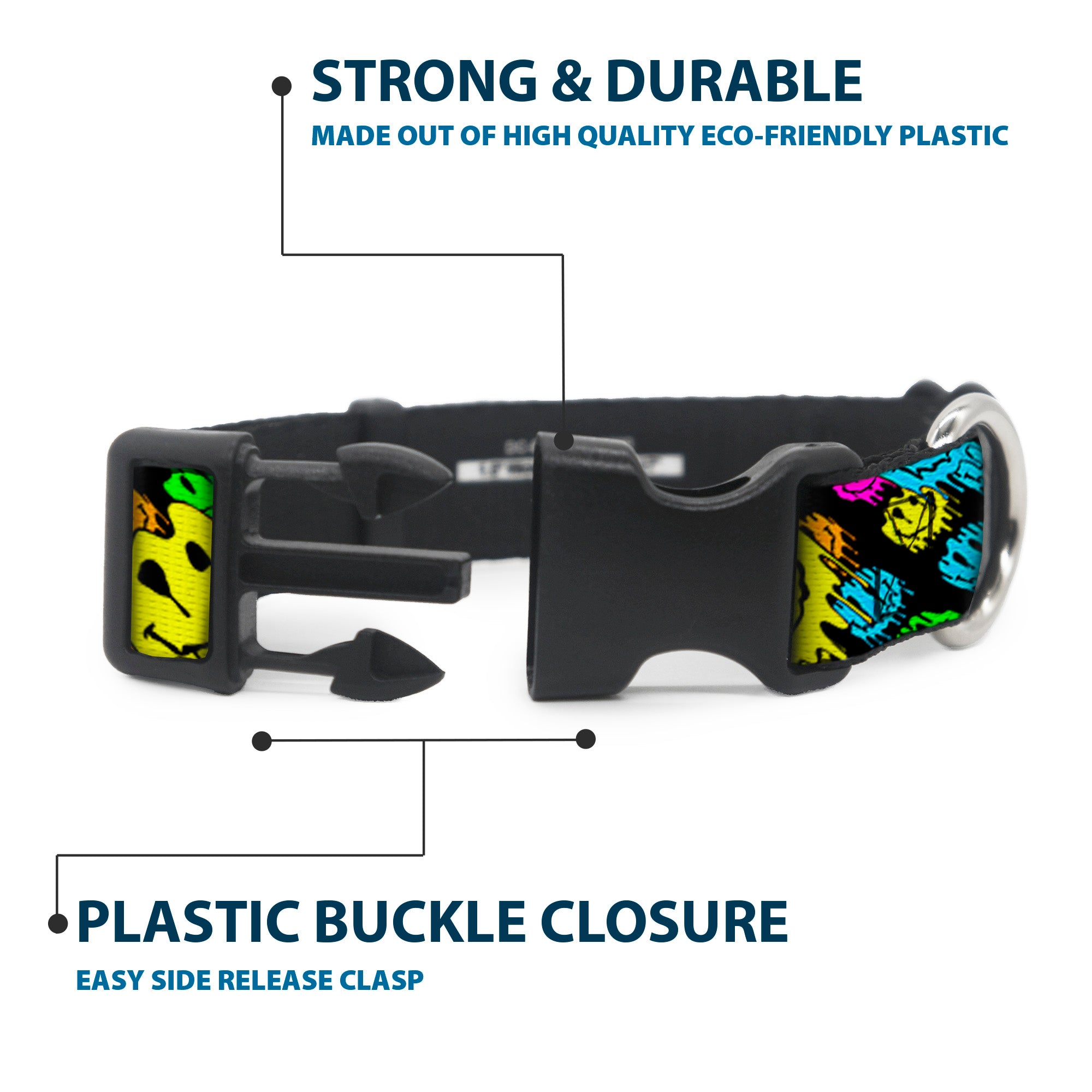 Plastic Clip Collar - Smiley Faces Melted Stacked Black/Multi Neon Plastic Clip Collars Buckle-Down