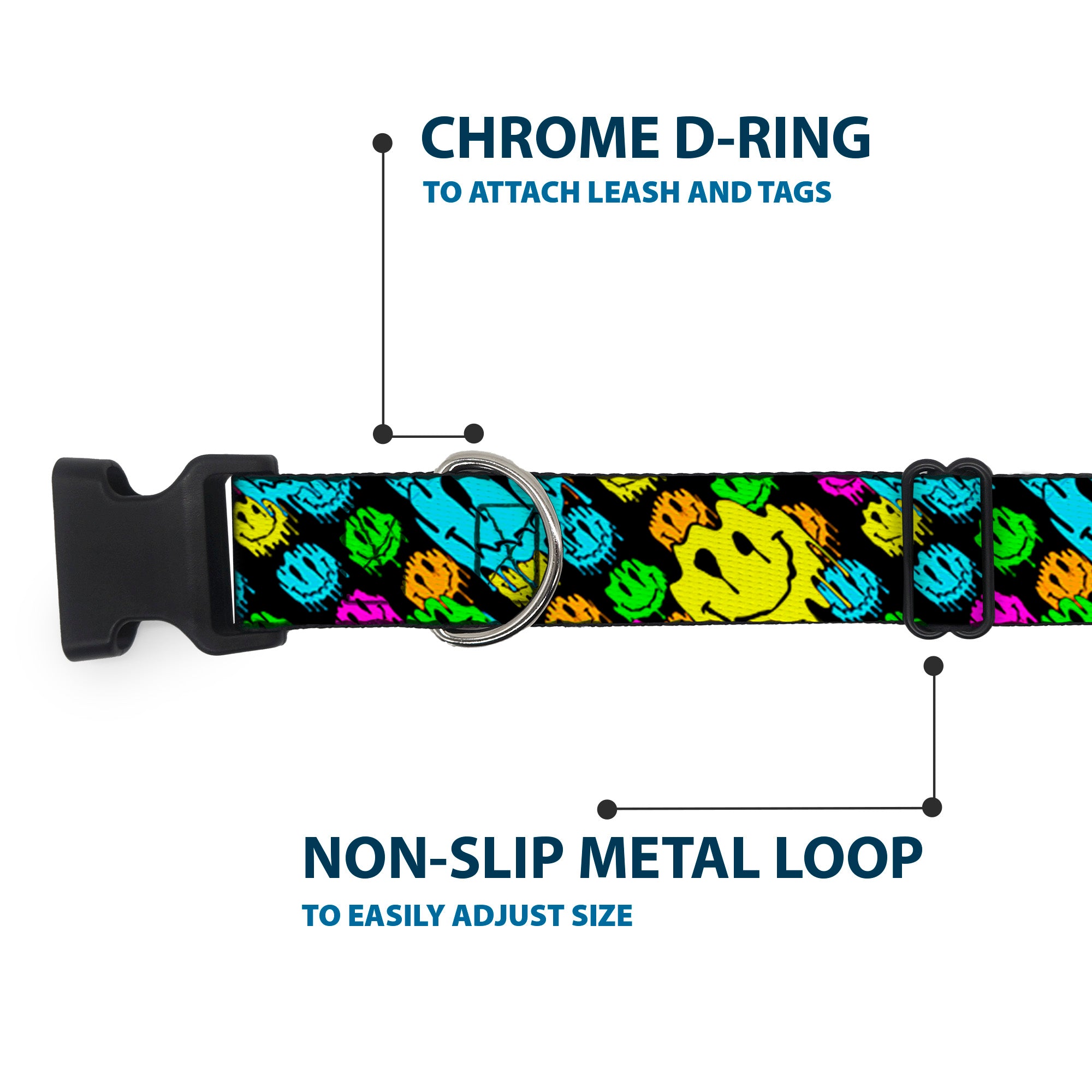 Plastic Clip Collar - Smiley Faces Melted Stacked Black/Multi Neon Plastic Clip Collars Buckle-Down