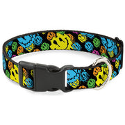 Plastic Clip Collar - Smiley Faces Melted Stacked Black/Multi Neon Plastic Clip Collars Buckle-Down