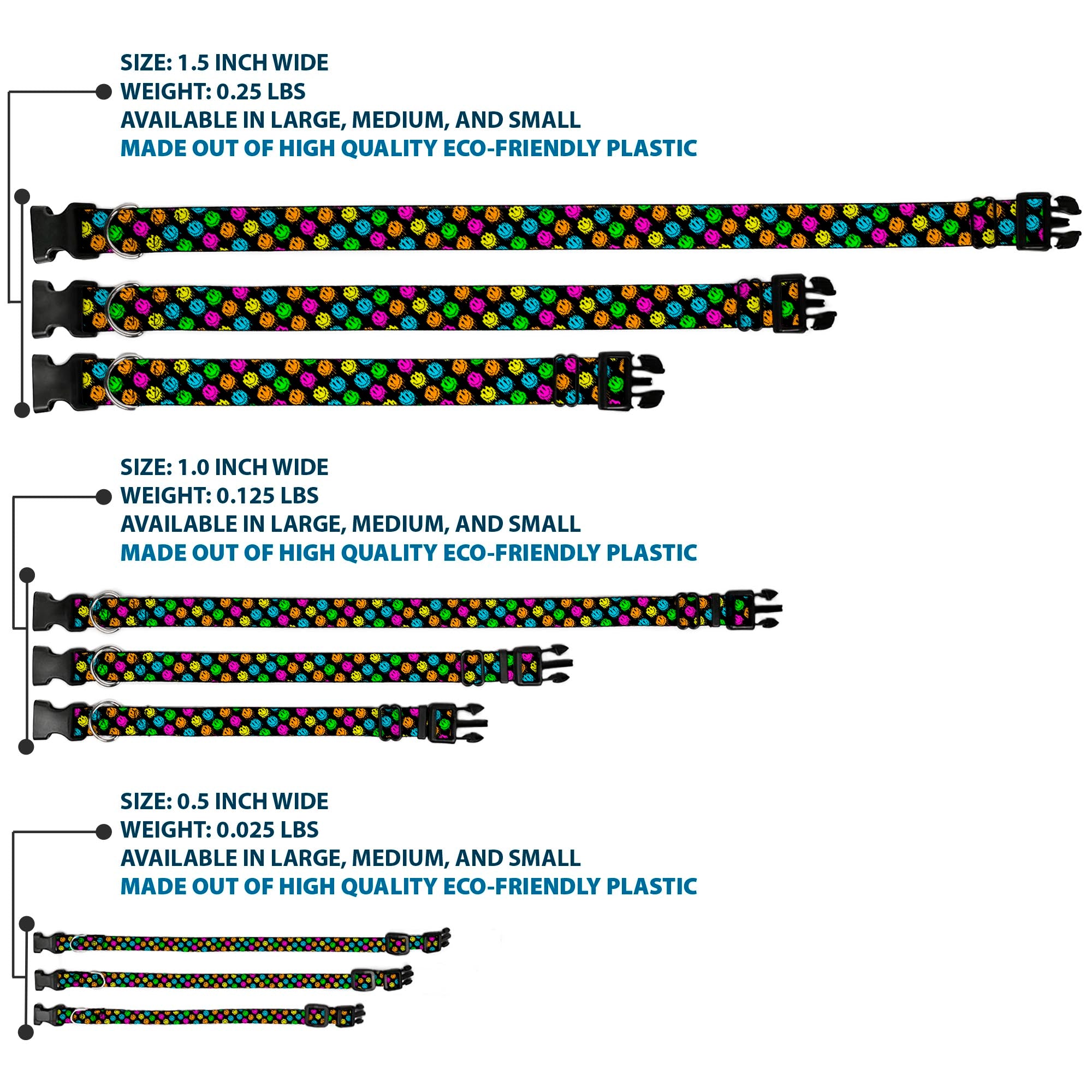 Plastic Clip Collar - Smiley Faces Melted Mini Repeat Angle Black/Multi Neon Plastic Clip Collars Buckle-Down