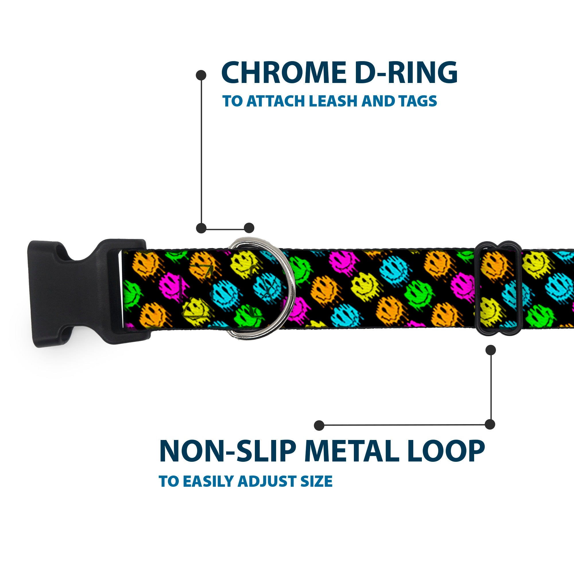 Plastic Clip Collar - Smiley Faces Melted Mini Repeat Angle Black/Multi Neon Plastic Clip Collars Buckle-Down