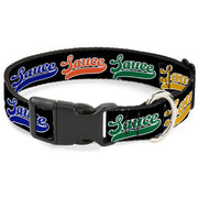 Plastic Clip Collar - SAUCE Baseball Script Black/Multi Color Plastic Clip Collars Buckle-Down