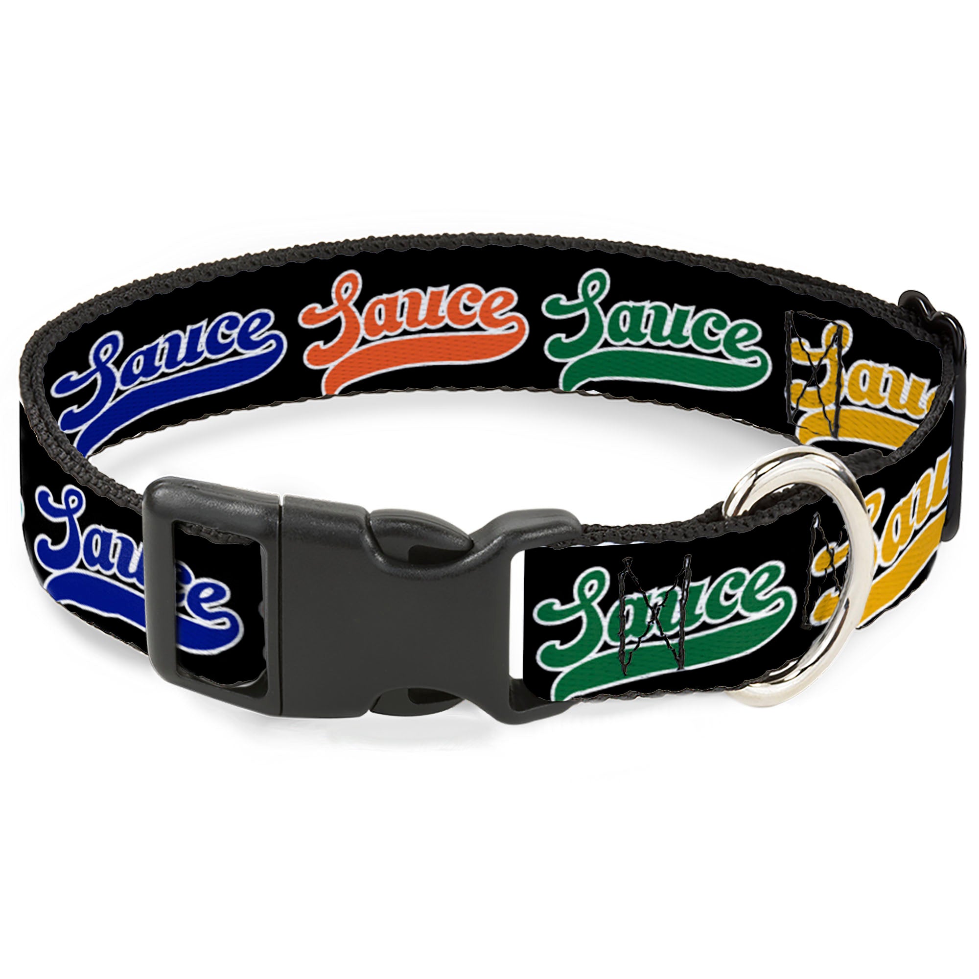 Plastic Clip Collar - SAUCE Baseball Script Black/Multi Color Plastic Clip Collars Buckle-Down