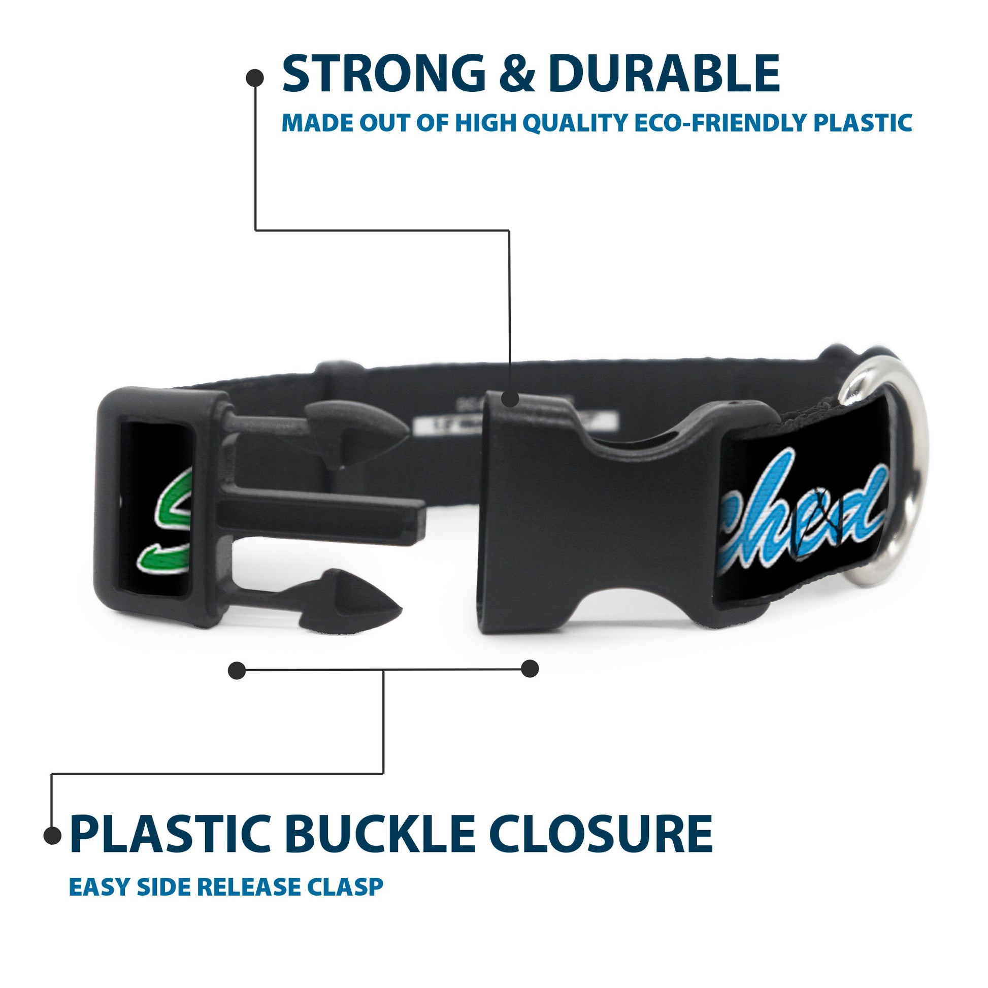 Plastic Clip Collar - SNATCHED Script Black/Multi Color Plastic Clip Collars Buckle-Down