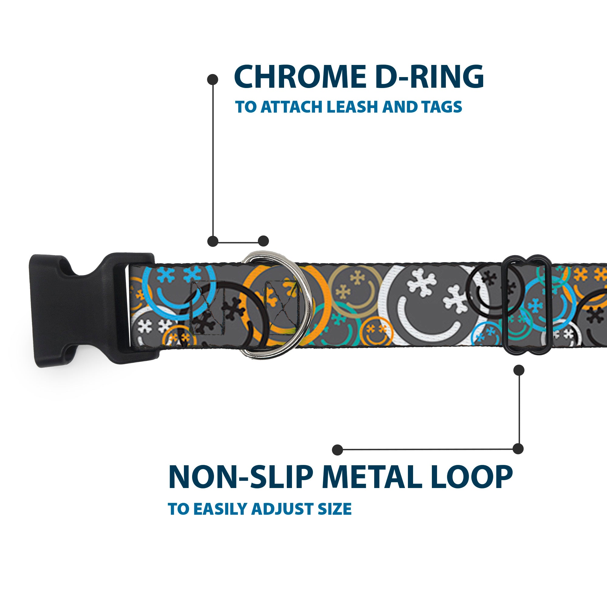 Plastic Clip Collar - Smiley Face Crossbones Stacked Gray/Multi Color Plastic Clip Collars Buckle-Down