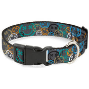 Plastic Clip Collar - Smiley Face Crossbones Stacked Gray/Multi Color Plastic Clip Collars Buckle-Down