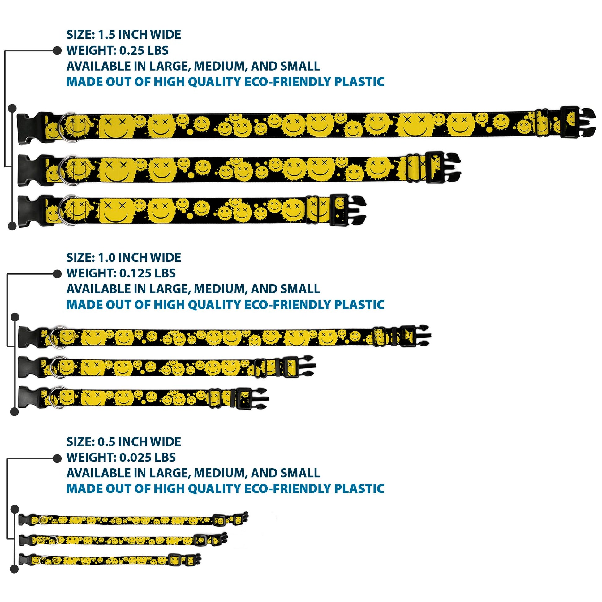Plastic Clip Collar - Smiley Face Splatter Scattered Black/Yellow Plastic Clip Collars Buckle-Down
