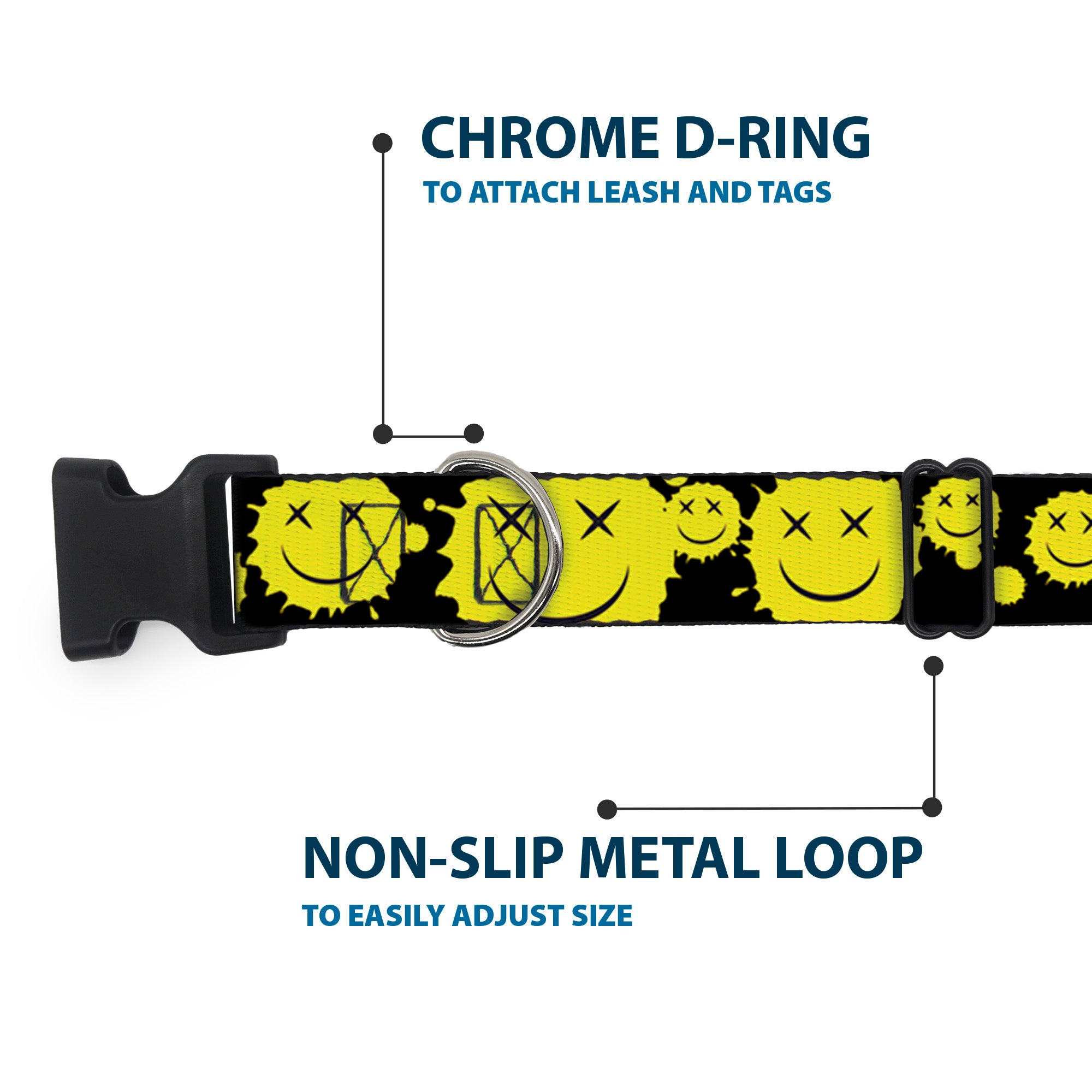 Plastic Clip Collar - Smiley Face Splatter Scattered Black/Yellow Plastic Clip Collars Buckle-Down
