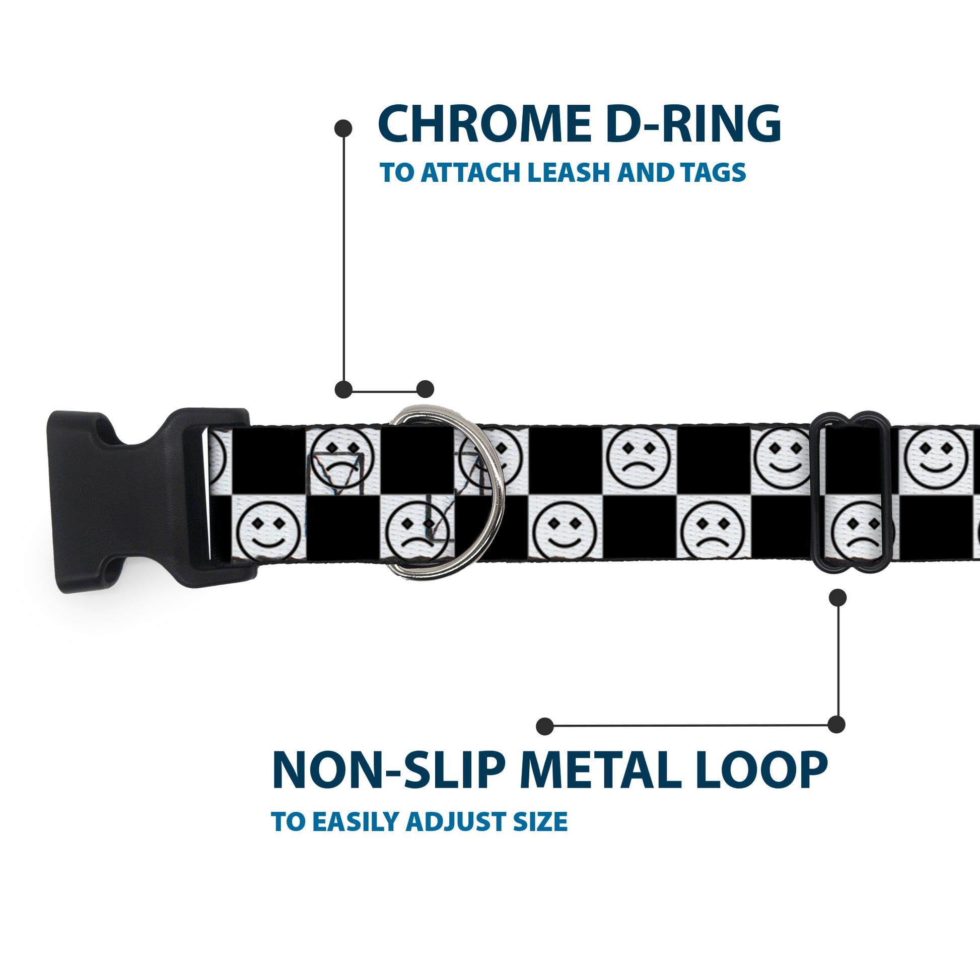 Plastic Clip Collar - Smiley Sad Face Checker Black/White Plastic Clip Collars Buckle-Down