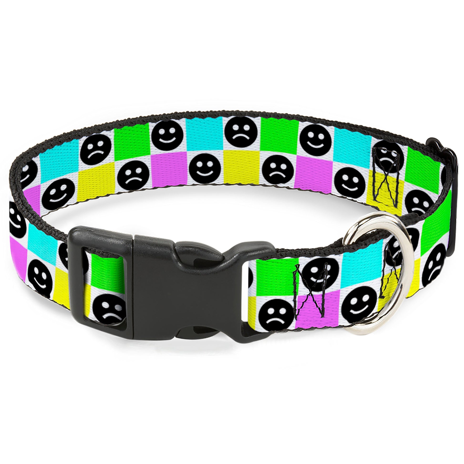 Plastic Clip Collar - Smiley Sad Face Checker Multi Color/White Plastic Clip Collars Buckle-Down