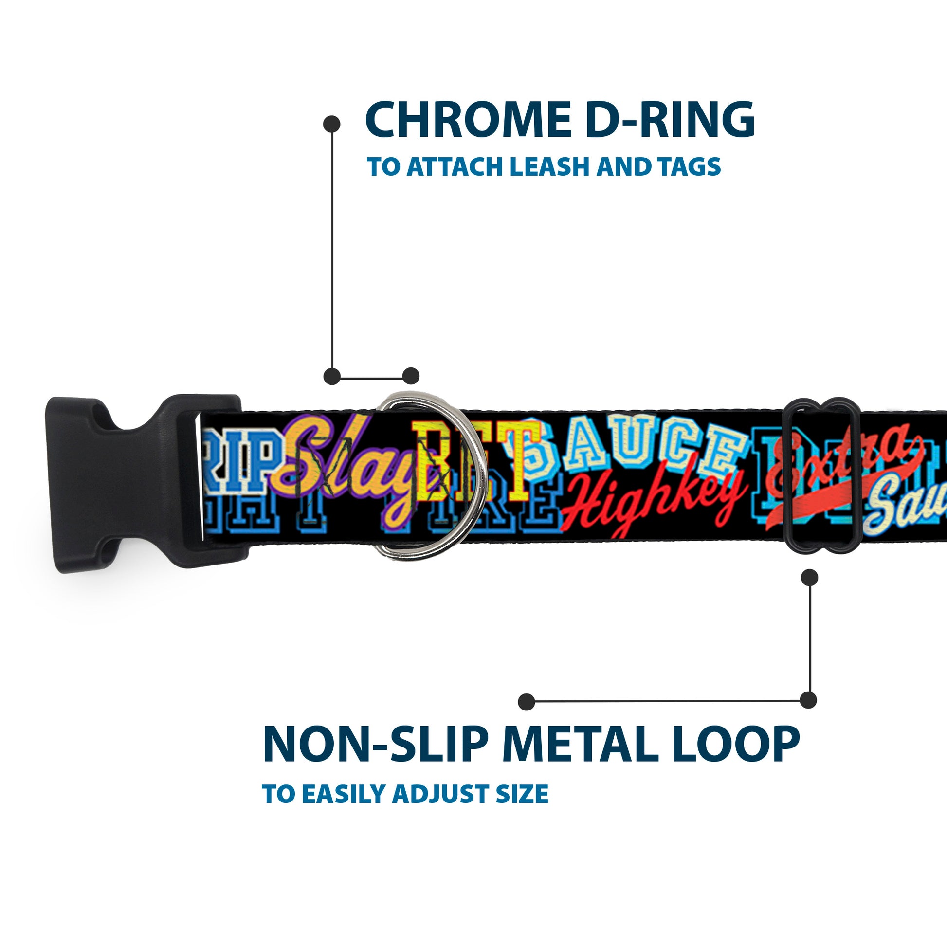 Plastic Clip Collar - Slang Verbiage Stacked Black/Multi Color Plastic Clip Collars Buckle-Down