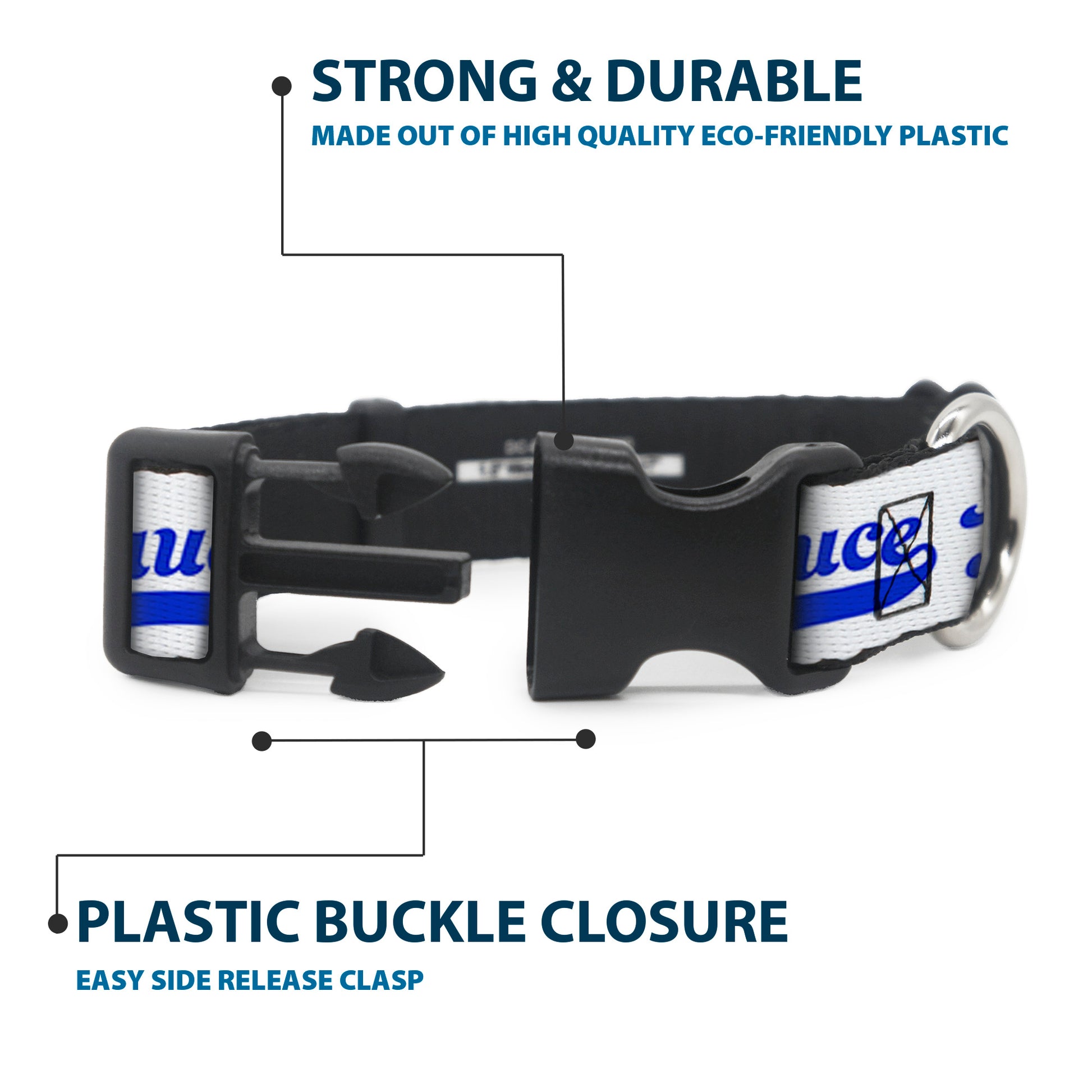 Plastic Clip Collar - SAUCE Baseball Script White/Blue Plastic Clip Collars Buckle-Down