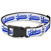 Plastic Clip Collar - SAUCE Baseball Script White/Blue Plastic Clip Collars Buckle-Down