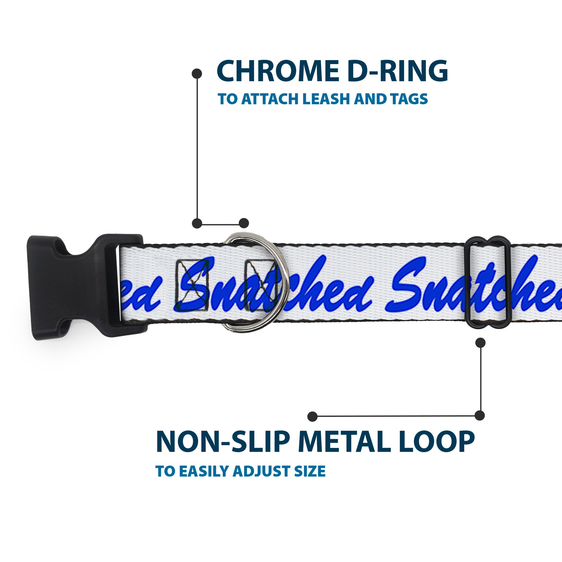 Plastic Clip Collar - SNATCHED Script White/Blue Plastic Clip Collars Buckle-Down