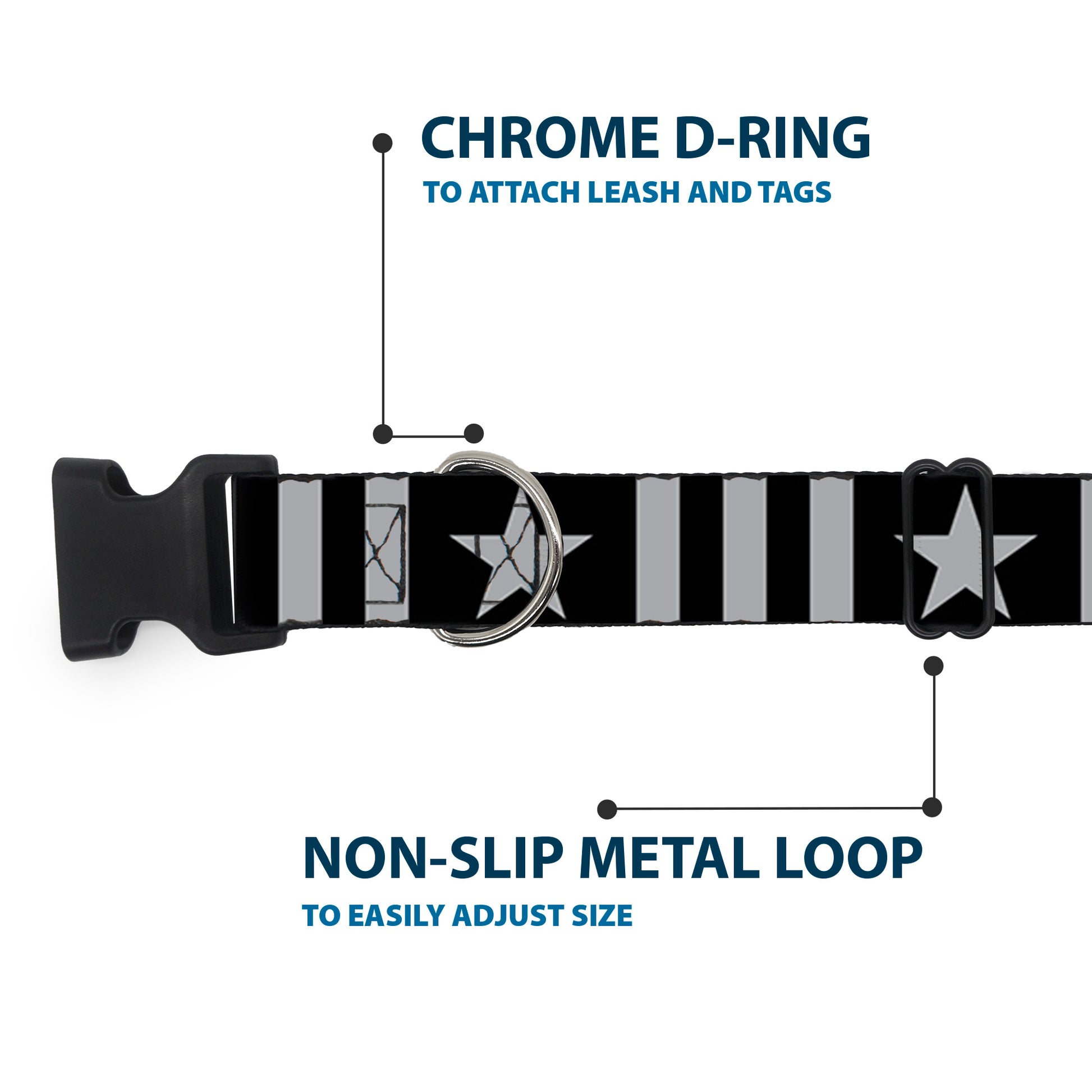 Plastic Clip Collar - Star and Three Stripes Black/Gray Plastic Clip Collars Buckle-Down