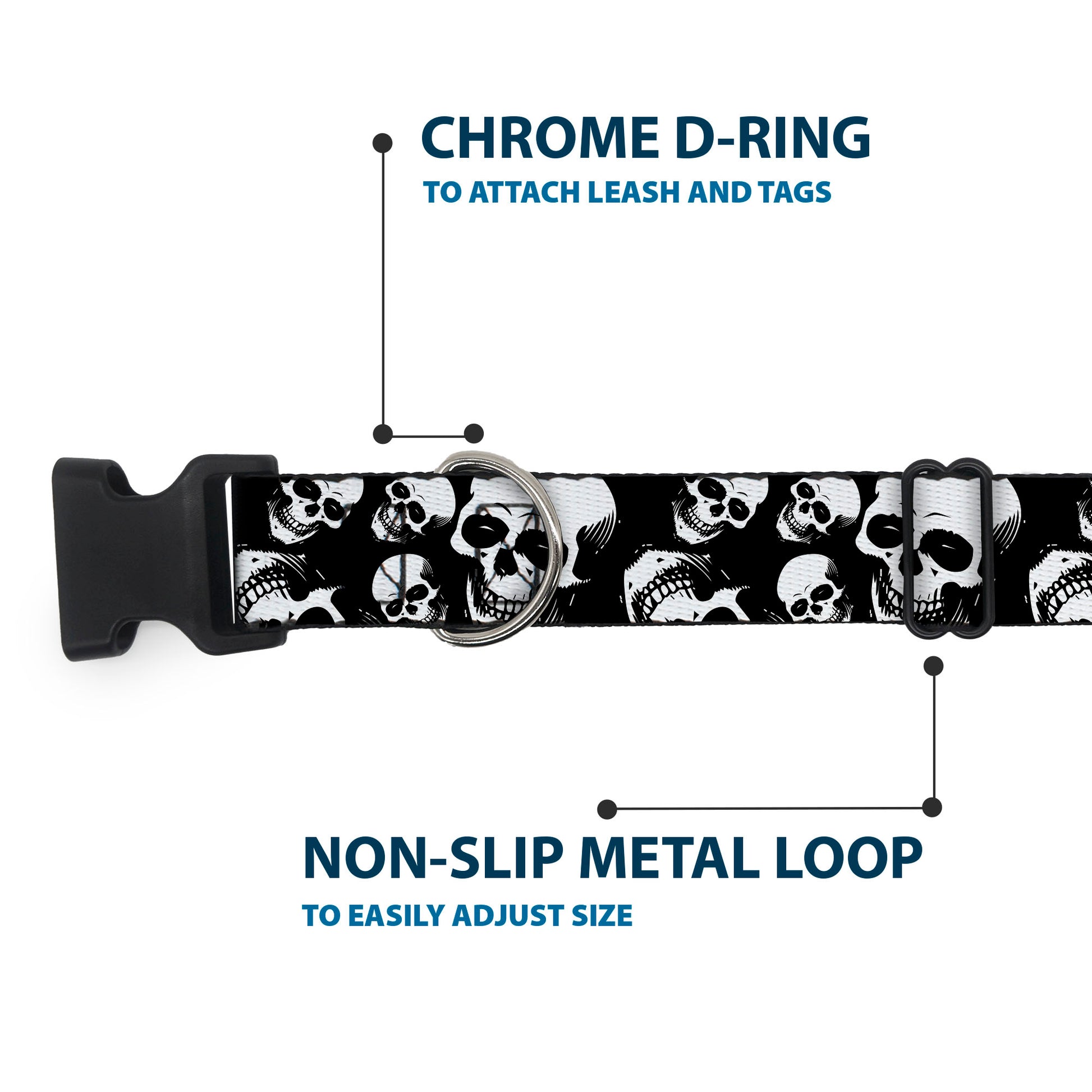 Plastic Clip Collar - Smiling Vivid Skulls Black/White/Grays Plastic Clip Collars Buckle-Down