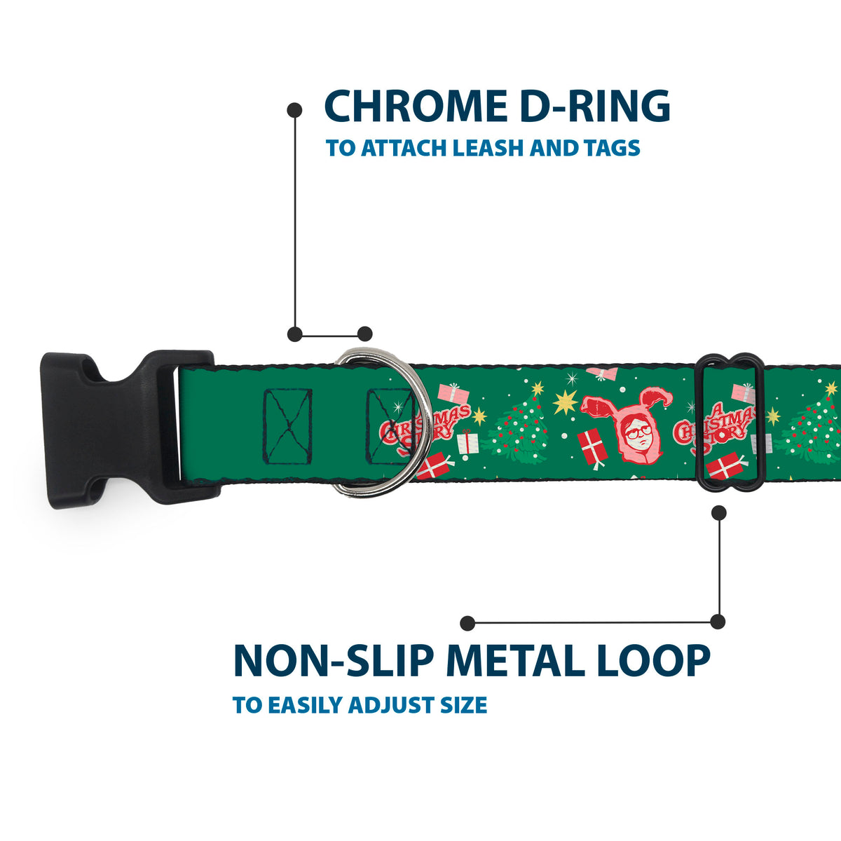 Plastic Clip Collar - A CHRISTMAS STORY Ralphie and Icons Title Logo Collage Green/Reds Dog Collars Plastic Clip Side Release A Christmas Story