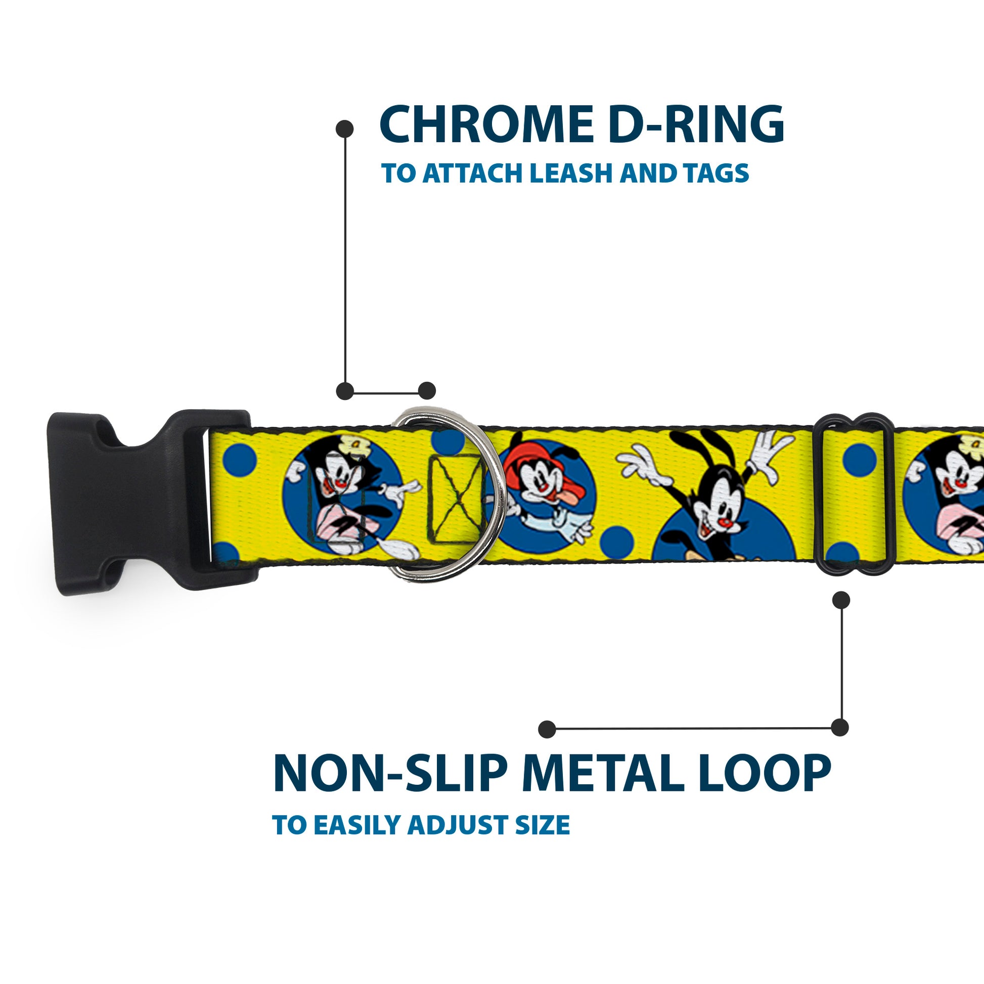 Plastic Clip Collar - Animaniacs Yakko Wakko and Dot Poses Yellow/Blue Plastic Clip Collars Animaniacs