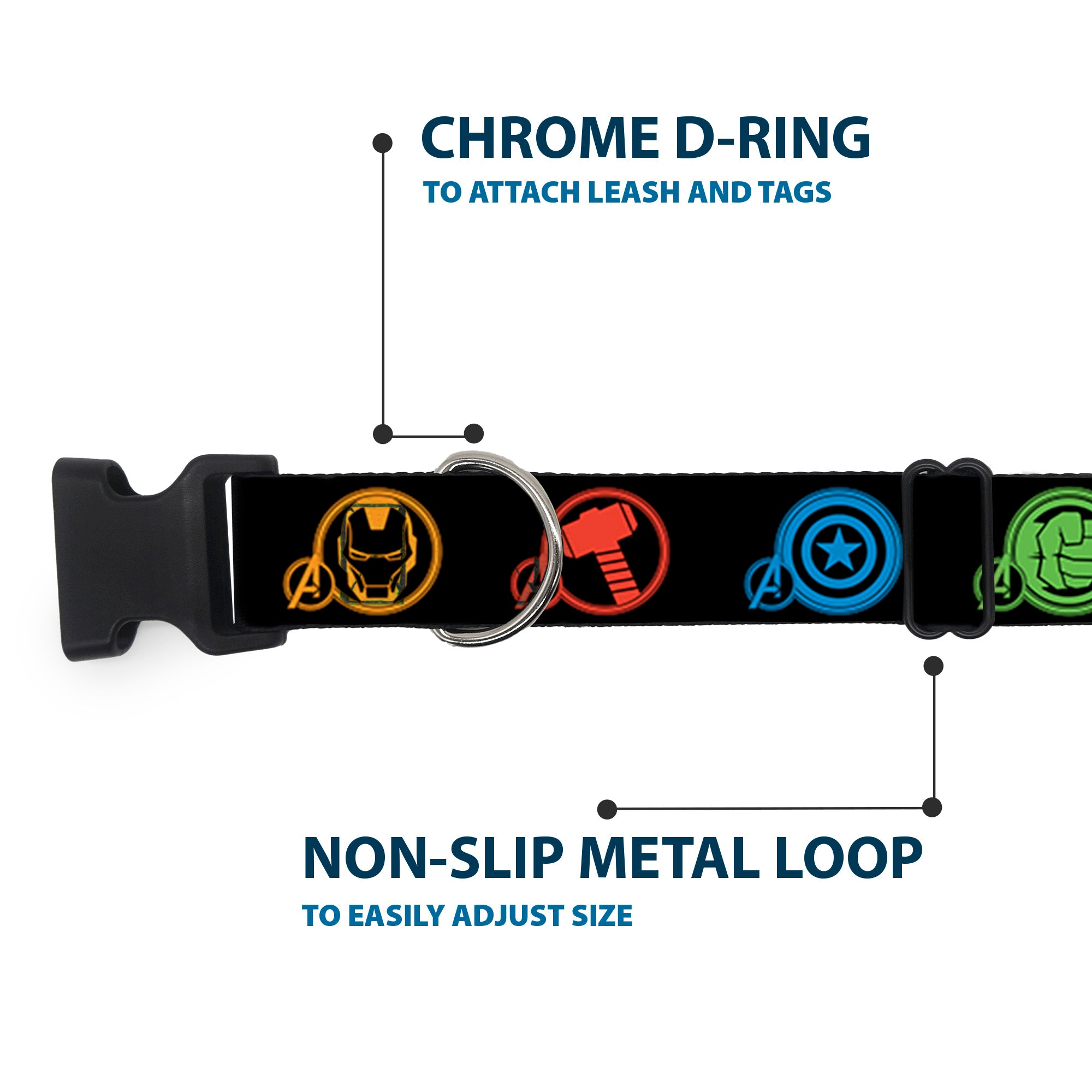 Plastic Clip Collar - Marvel Avengers Superhero Logos Black/Multi Color Plastic Clip Collars Marvel Comics
