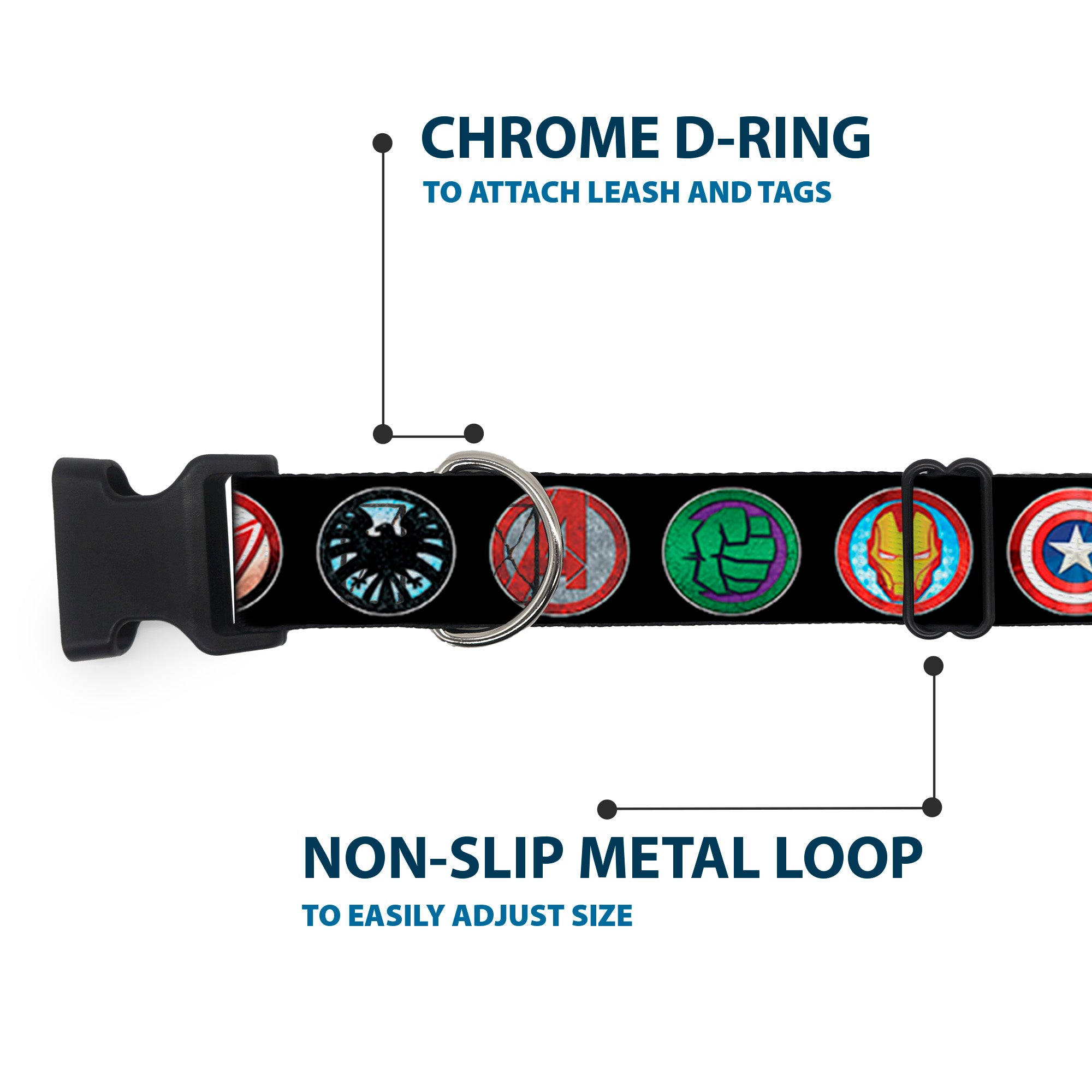 Plastic Clip Collar - 9-Avenger Icons Black/Multi Color Plastic Clip Collars Marvel Comics