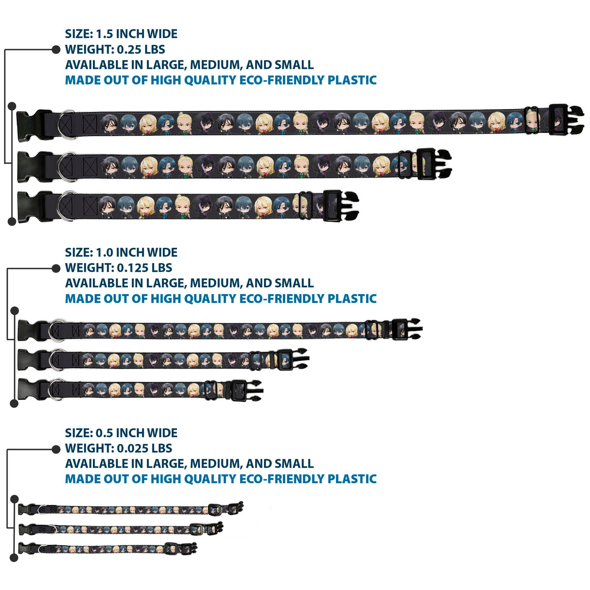 Plastic Clip Collar - Black Butler Six Chibi Characters Poses Black Dog Collars Plastic Clip Side Release Black Butler