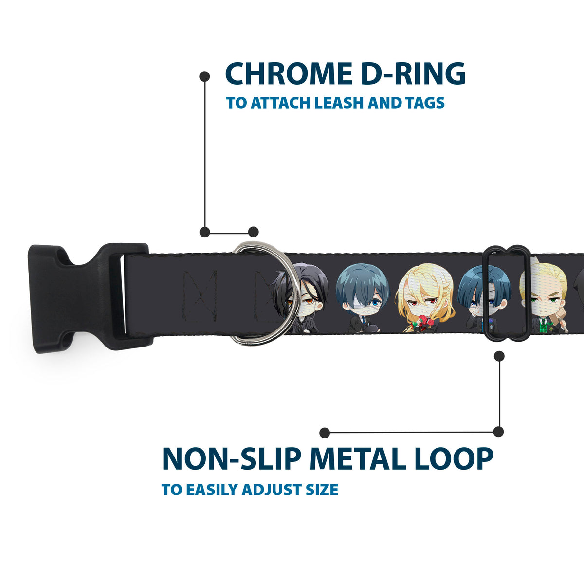 Plastic Clip Collar - Black Butler Six Chibi Characters Poses Black Dog Collars Plastic Clip Side Release Black Butler