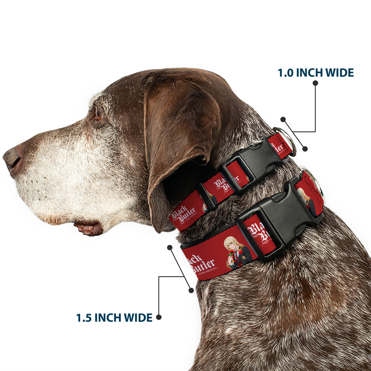 Plastic Clip Collar - BLACK BUTLER Edgar Redmond Pose and Title Logo Red Dog Collars Plastic Clip Side Release Black Butler