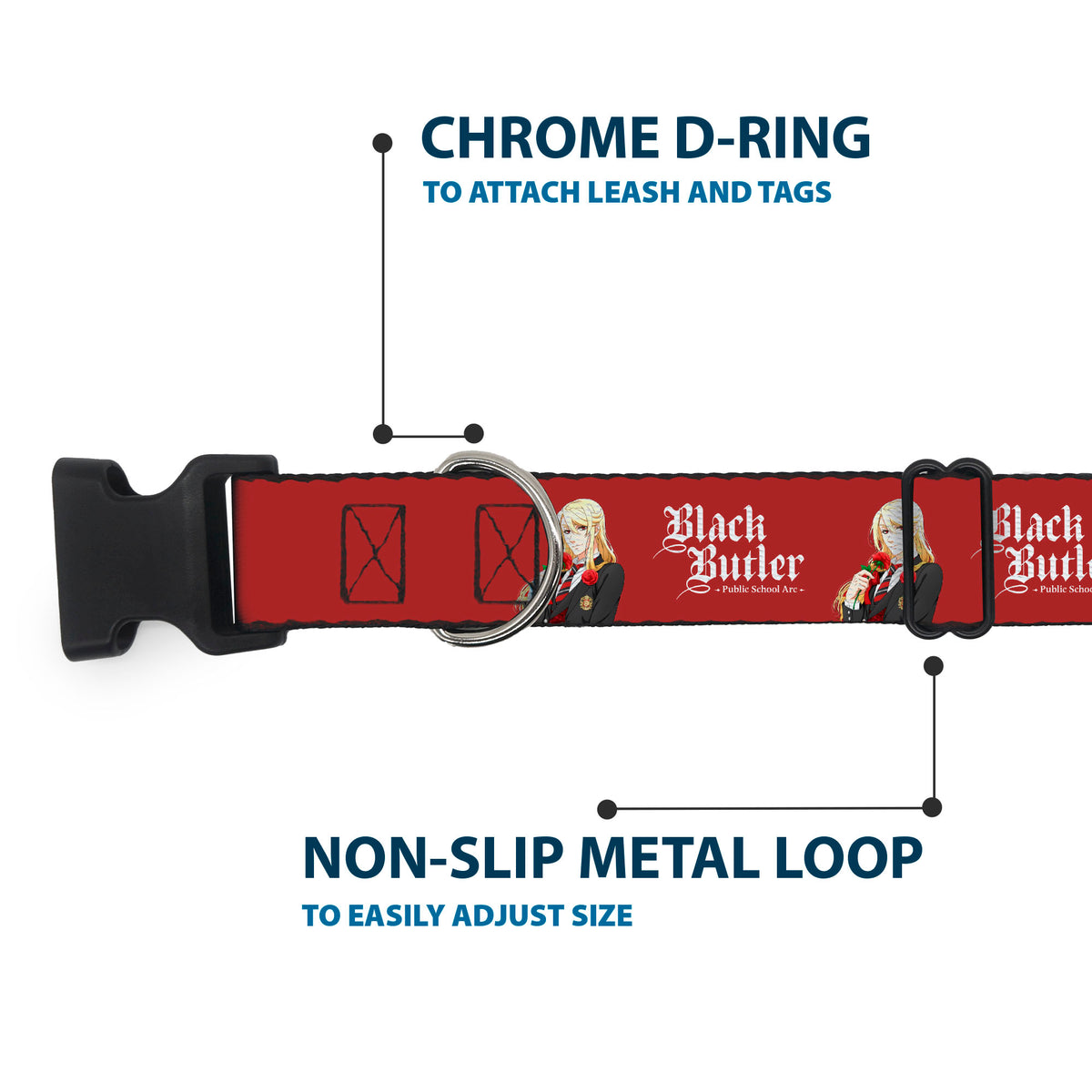 Plastic Clip Collar - BLACK BUTLER Edgar Redmond Pose and Title Logo Red Dog Collars Plastic Clip Side Release Black Butler