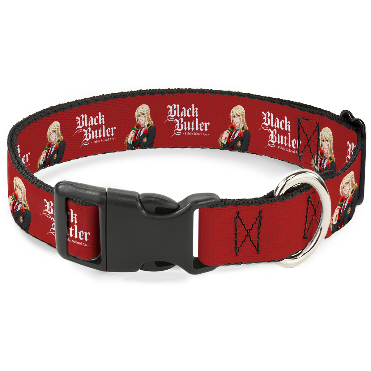 Plastic Clip Collar - BLACK BUTLER Edgar Redmond Pose and Title Logo Red Dog Collars Plastic Clip Side Release Black Butler