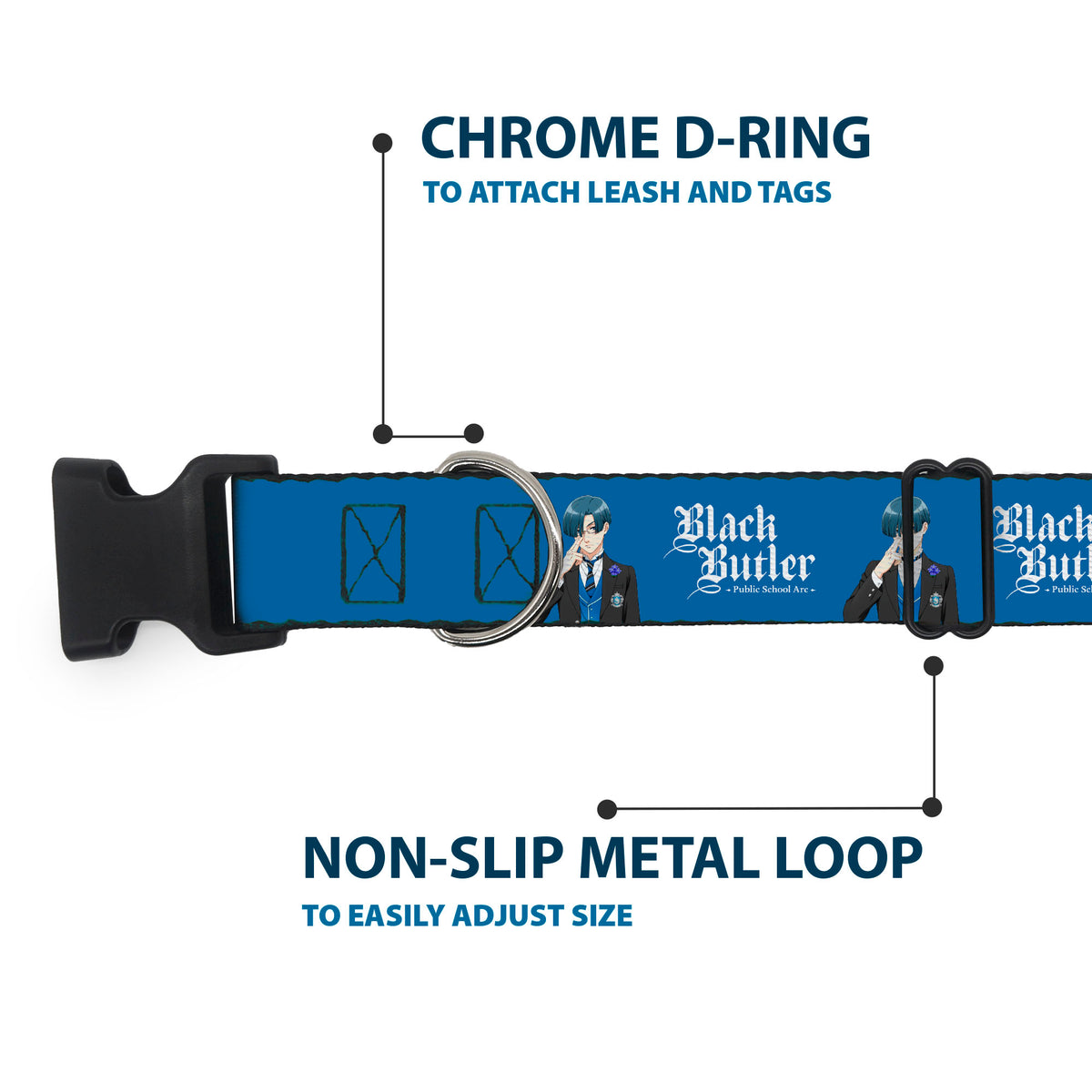 Plastic Clip Collar - BLACK BUTLER Lawrence Bluewer Pose and Title Logo Blue Dog Collars Plastic Clip Side Release Black Butler