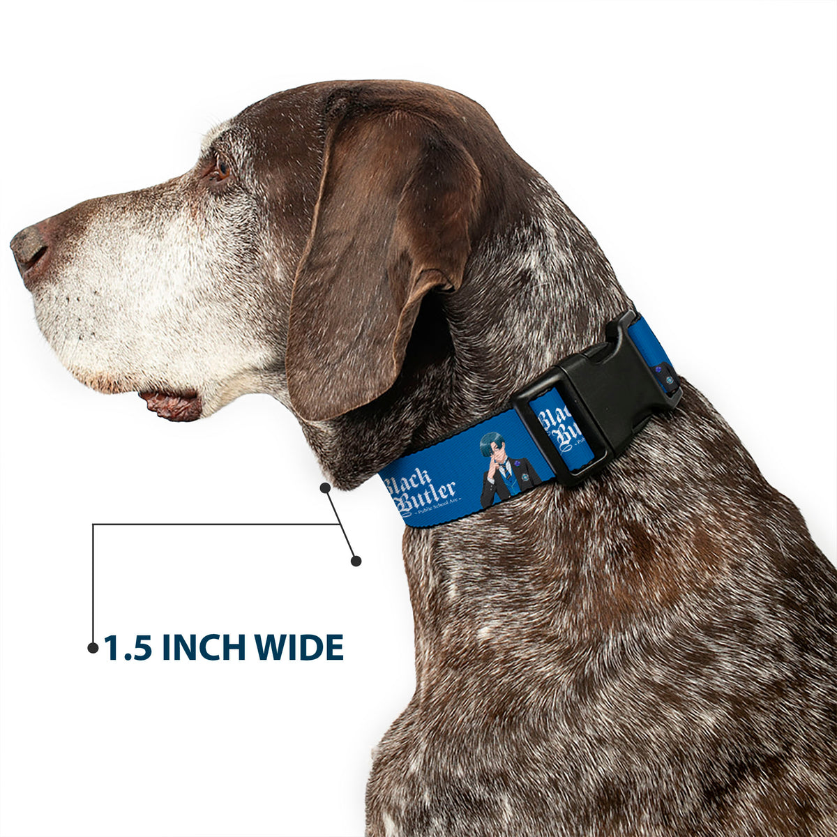 Plastic Clip Collar - BLACK BUTLER Lawrence Bluewer Pose and Title Logo Blue Dog Collars Plastic Clip Side Release Black Butler