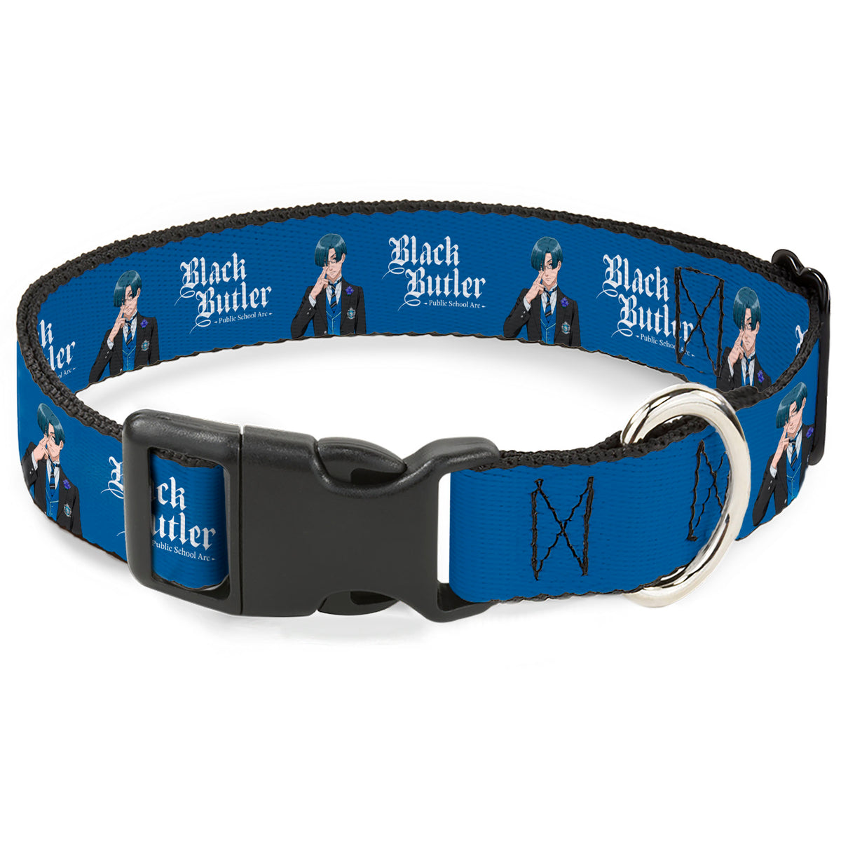 Plastic Clip Collar - BLACK BUTLER Lawrence Bluewer Pose and Title Logo Blue Dog Collars Plastic Clip Side Release Black Butler