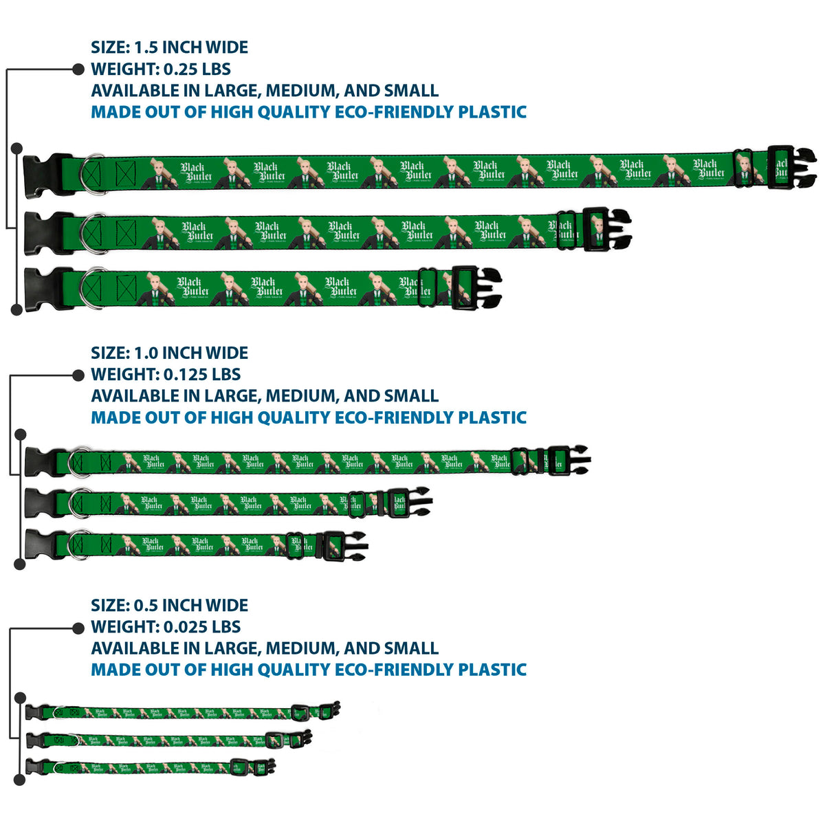 Plastic Clip Collar - BLACK BUTLER Herman Greenhill Pose and Title Logo Green Dog Collars Plastic Clip Side Release Black Butler