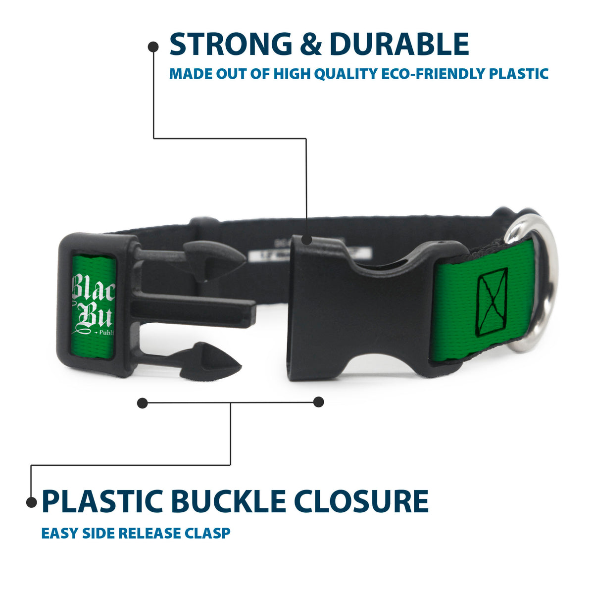 Plastic Clip Collar - BLACK BUTLER Herman Greenhill Pose and Title Logo Green Dog Collars Plastic Clip Side Release Black Butler