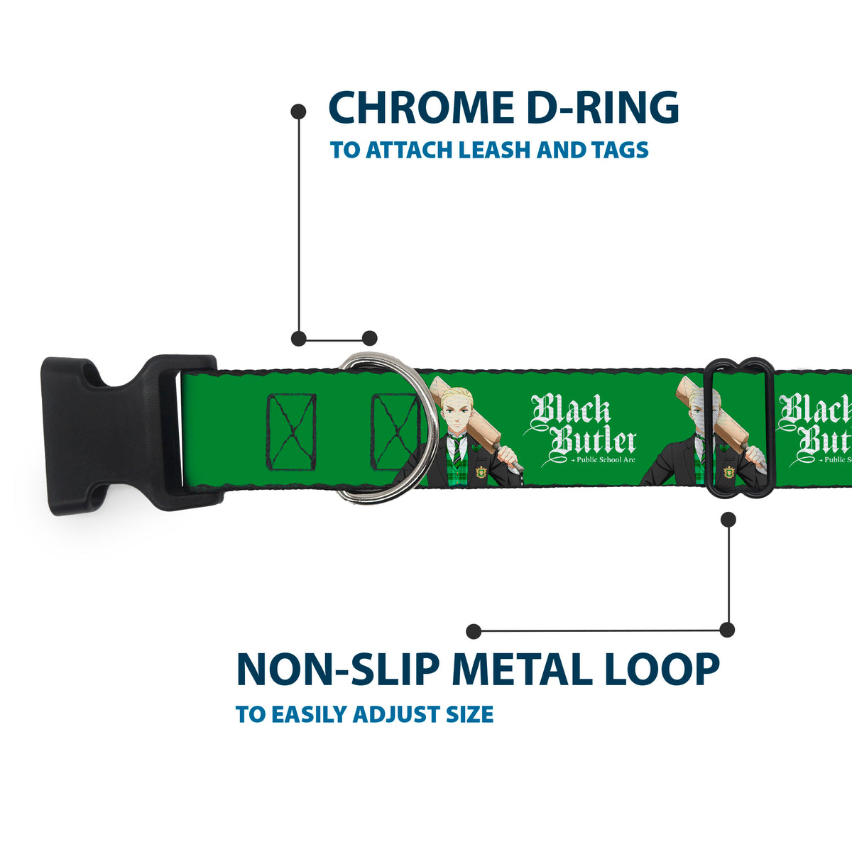 Plastic Clip Collar - BLACK BUTLER Herman Greenhill Pose and Title Logo Green Dog Collars Plastic Clip Side Release Black Butler