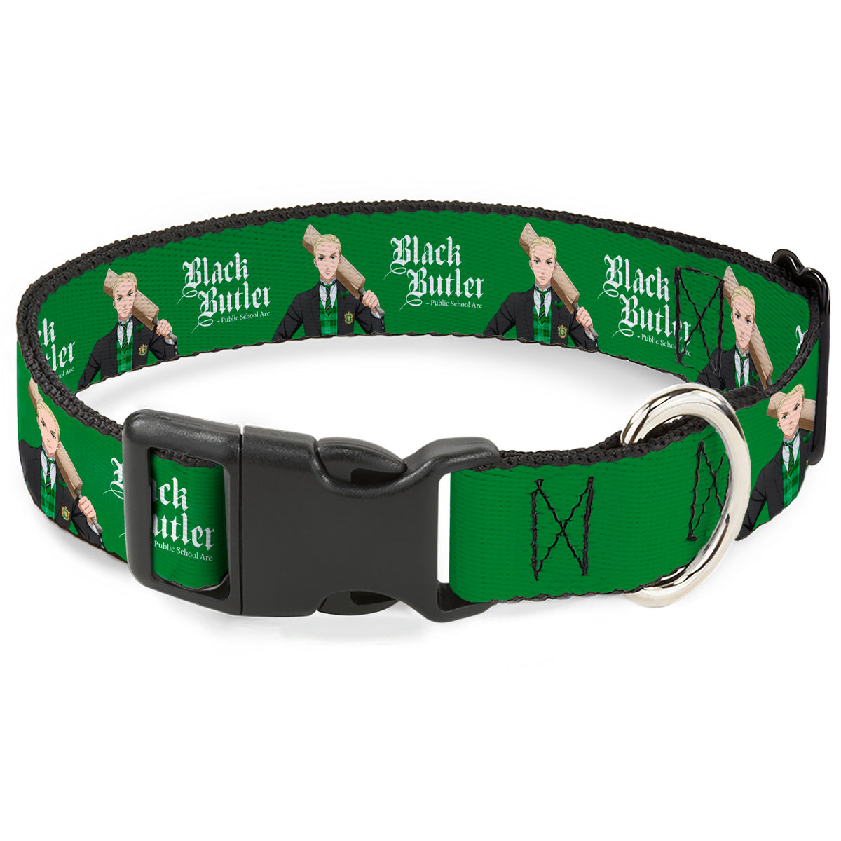 Plastic Clip Collar - BLACK BUTLER Herman Greenhill Pose and Title Logo Green Dog Collars Plastic Clip Side Release Black Butler