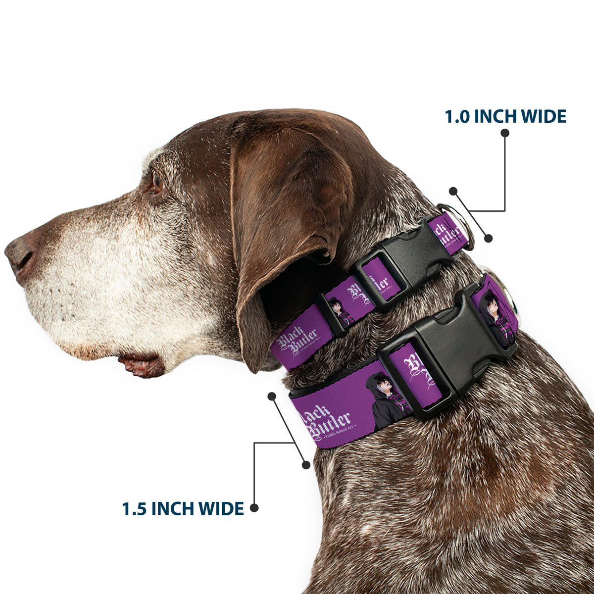Plastic Clip Collar - BLACK BUTLER Violet Gregory Pose and Title Logo Purple Dog Collars Plastic Clip Side Release Black Butler