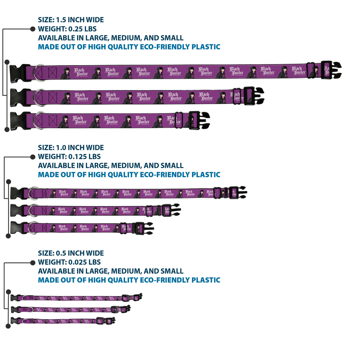 Plastic Clip Collar - BLACK BUTLER Violet Gregory Pose and Title Logo Purple Dog Collars Plastic Clip Side Release Black Butler