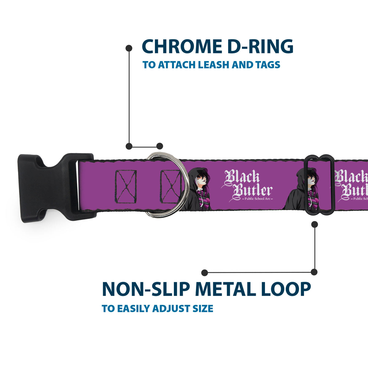 Plastic Clip Collar - BLACK BUTLER Violet Gregory Pose and Title Logo Purple Dog Collars Plastic Clip Side Release Black Butler