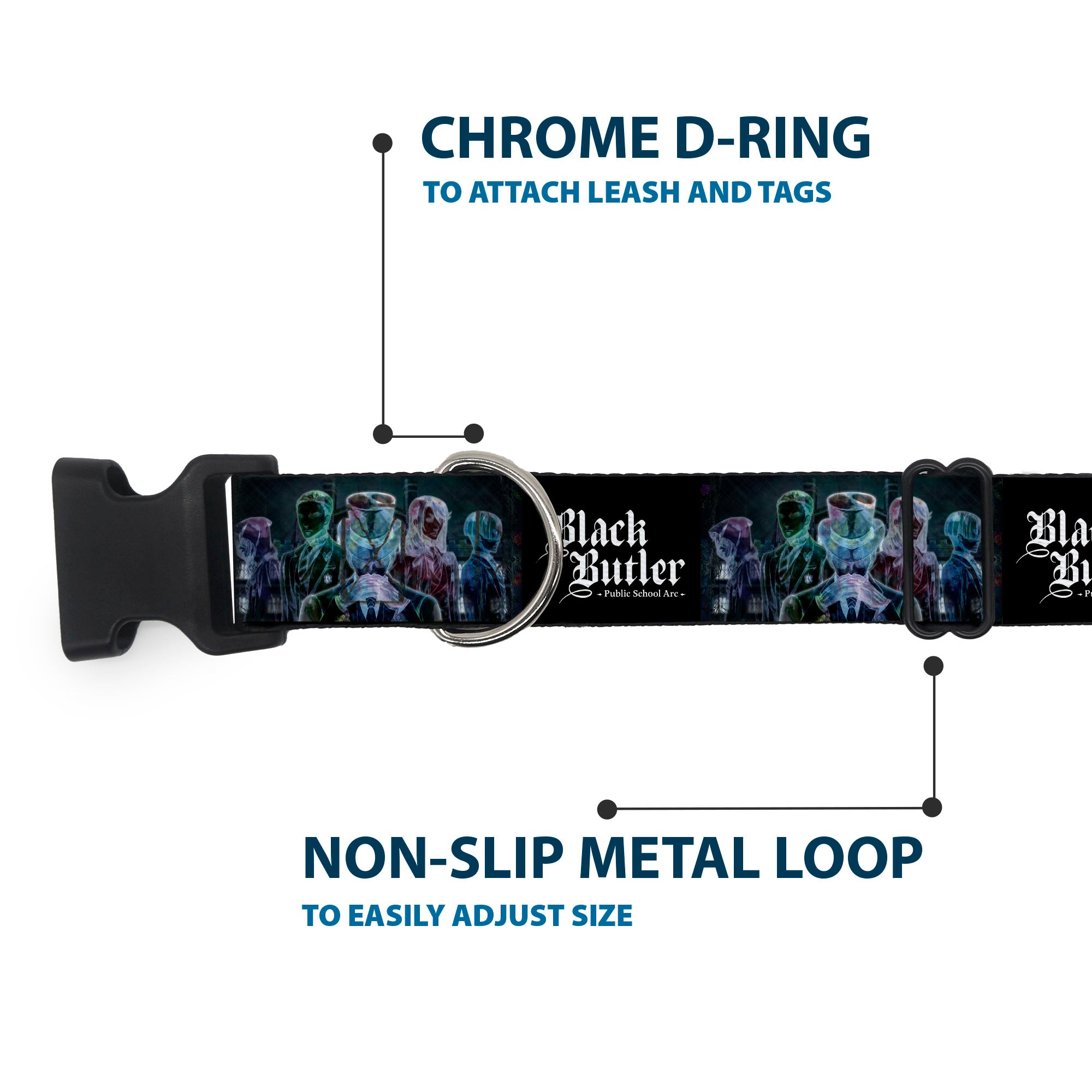 Plastic Clip Collar - BLACK BUTLER Five Character Group Pose and Title Logo Black Plastic Clip Collars Black Butler