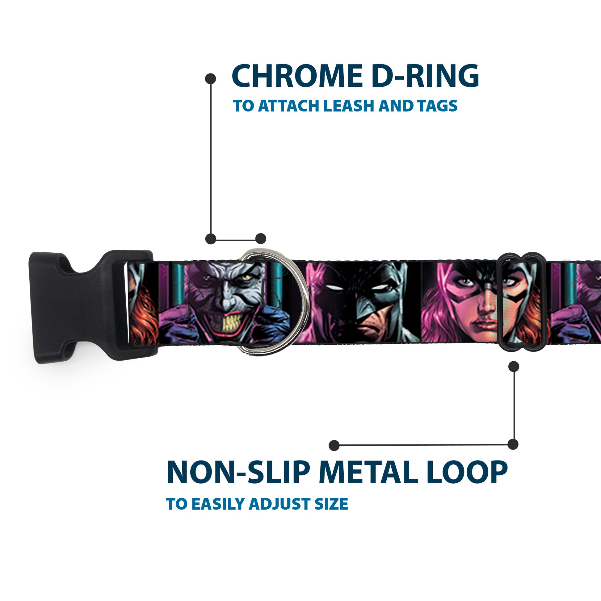 Plastic Clip Collar - Batman Batgirl and Joker Comic Book Cover Face Close-Ups Black Plastic Clip Collars DC Comics