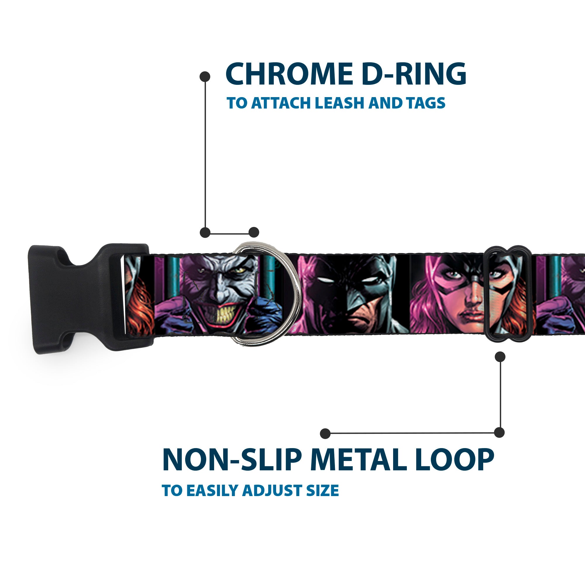 Plastic Clip Collar - Batman Batgirl and Joker Comic Book Cover Face Close-Ups Black Plastic Clip Collars DC Comics