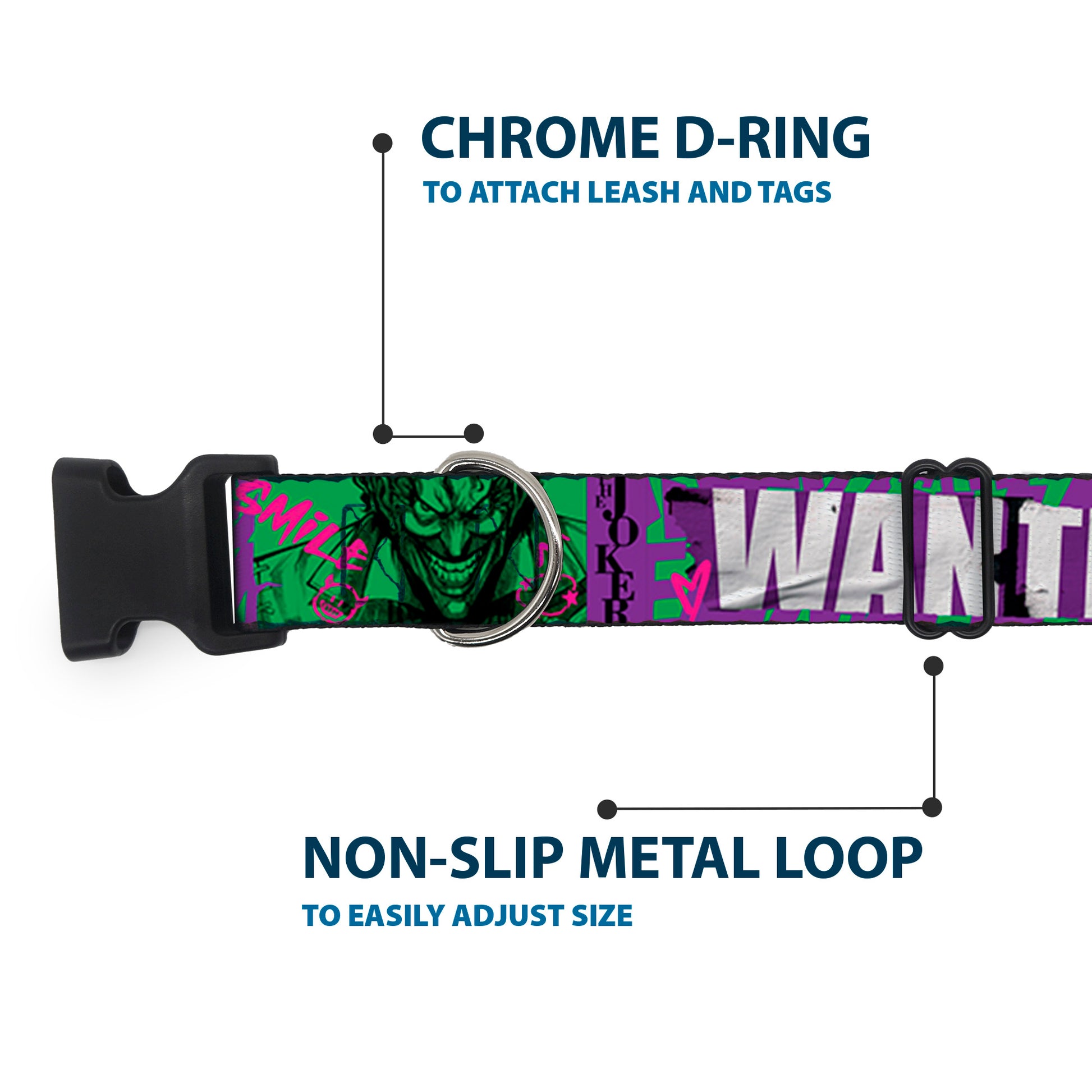 Plastic Clip Collar - THE JOKER WANTED Smiling Pose and Graffiti Purples/Greens Plastic Clip Collars DC Comics
