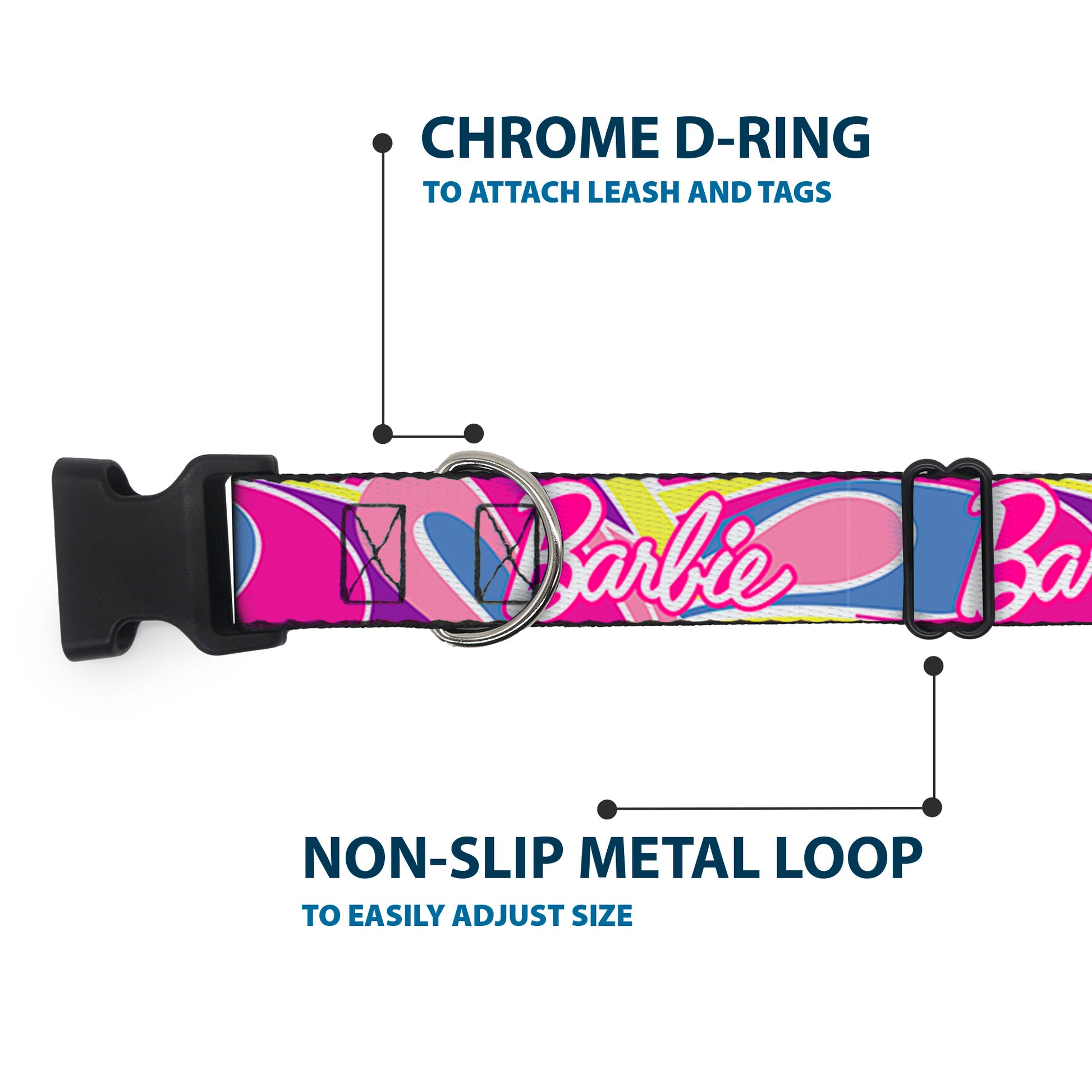 Plastic Clip Collar - BARBIE Script Signature Logo Abstract Multi Color/White Plastic Clip Collars Barbie