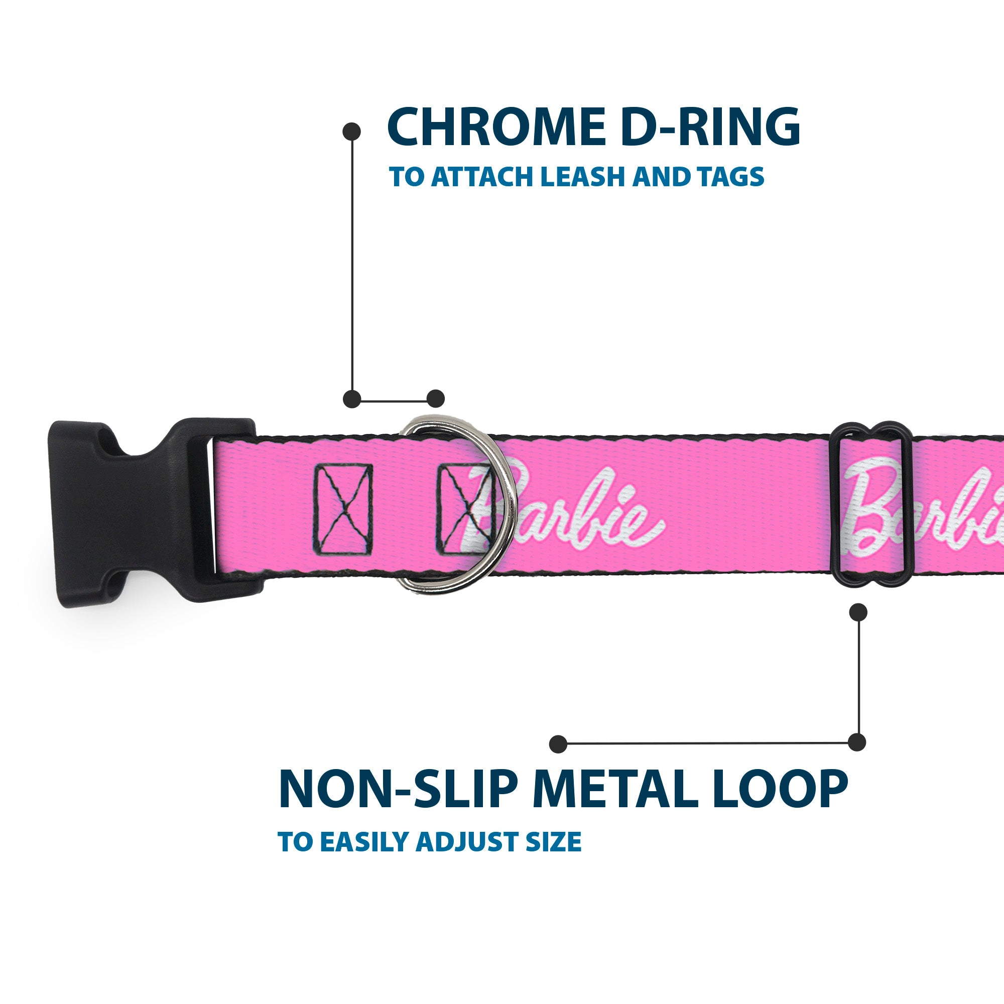 Plastic Clip Collar - BARBIE Script Signature Logo Pink/White Plastic Clip Collars Barbie