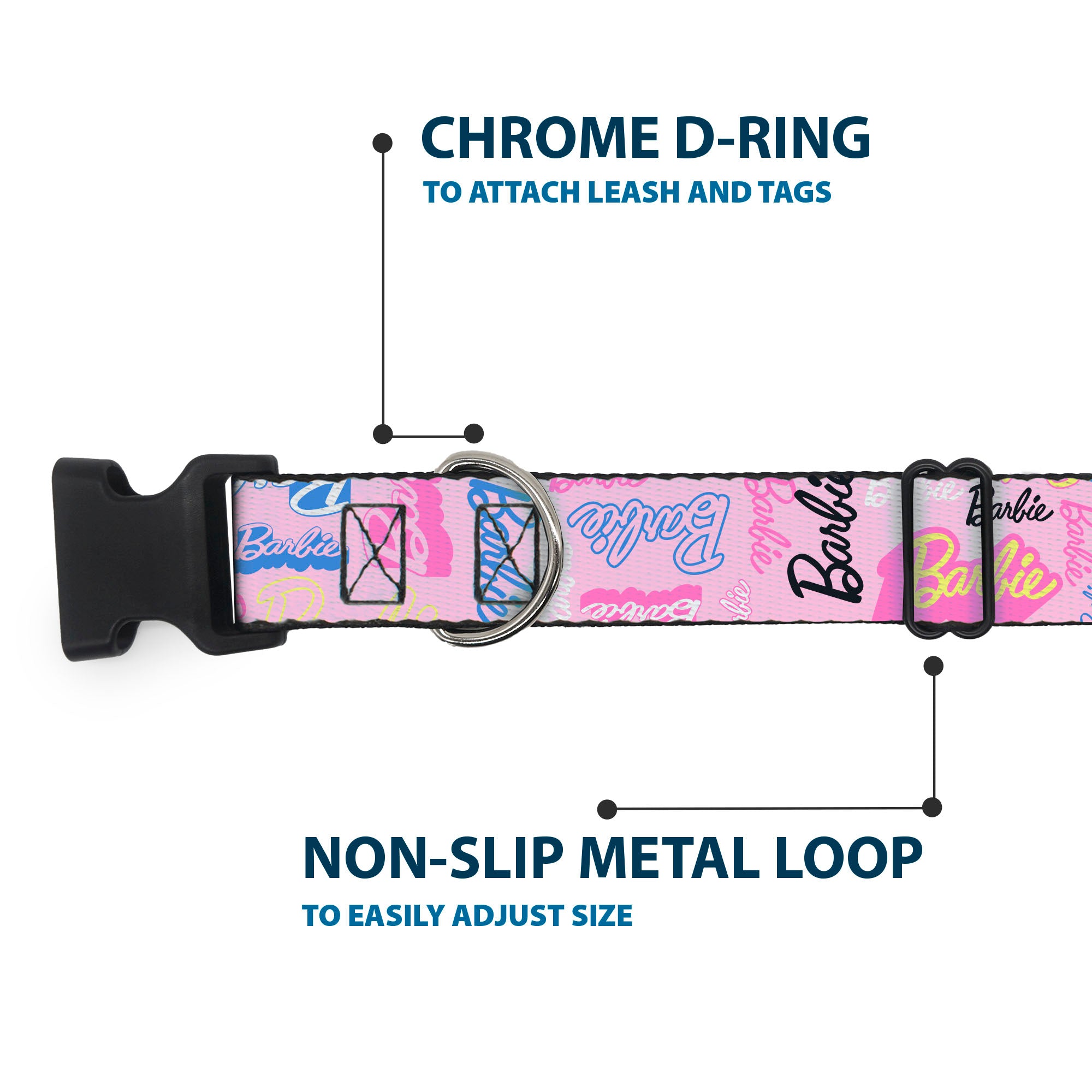 Plastic Clip Collar - BARBIE Script Signature Collage Pink/Multi Color Plastic Clip Collars Barbie