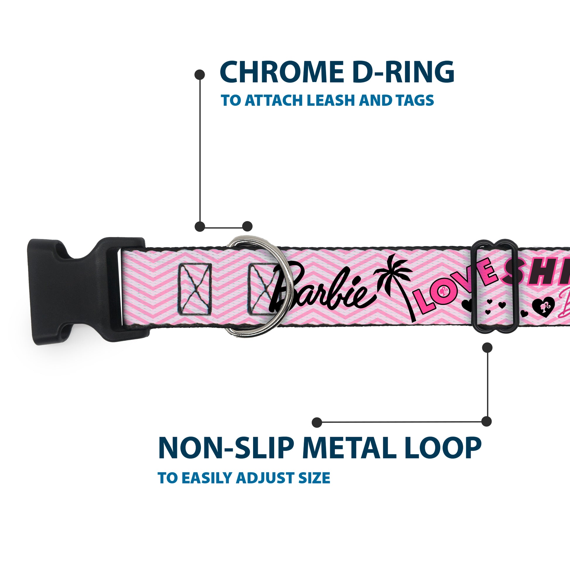 Plastic Clip Collar - BARBIE LOVE SHINE BRIGHT Chevron Striping Pinks Plastic Clip Collars Barbie