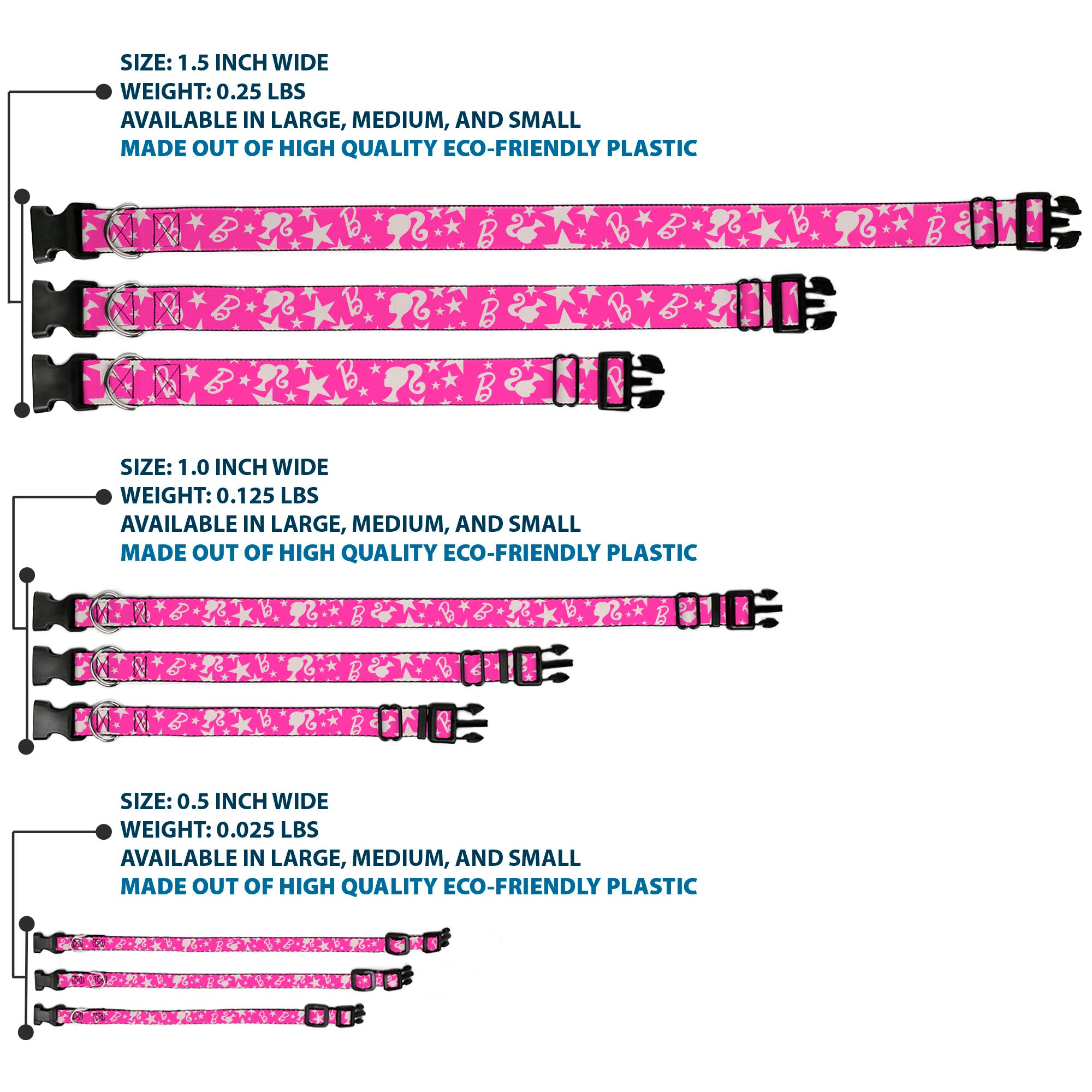 Plastic Clip Collar - Barbie Ponytail Silhouette and Star Scattered Pink/White Plastic Clip Collars Barbie