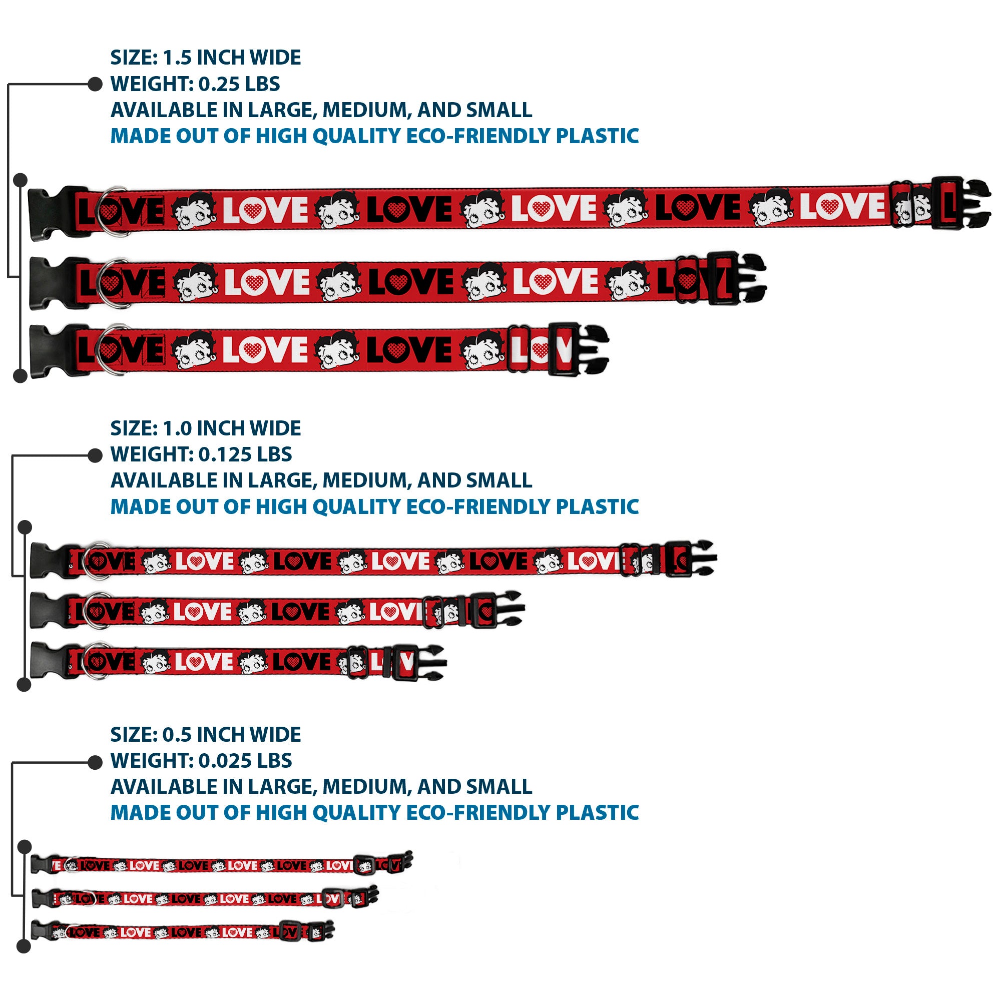 Plastic Clip Collar - Betty Boop Face and LOVE Text Red/Black/White Plastic Clip Collars Betty Boop