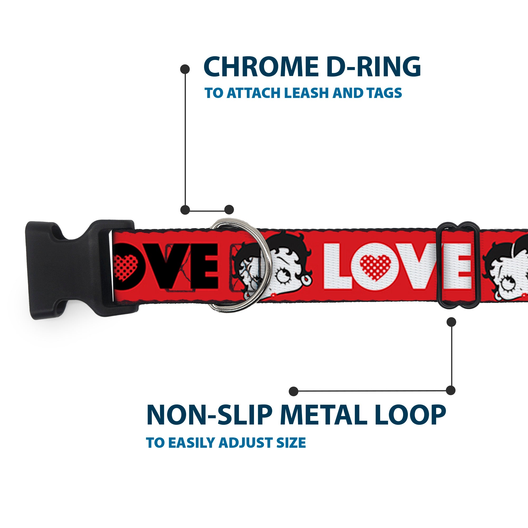 Plastic Clip Collar - Betty Boop Face and LOVE Text Red/Black/White Plastic Clip Collars Betty Boop